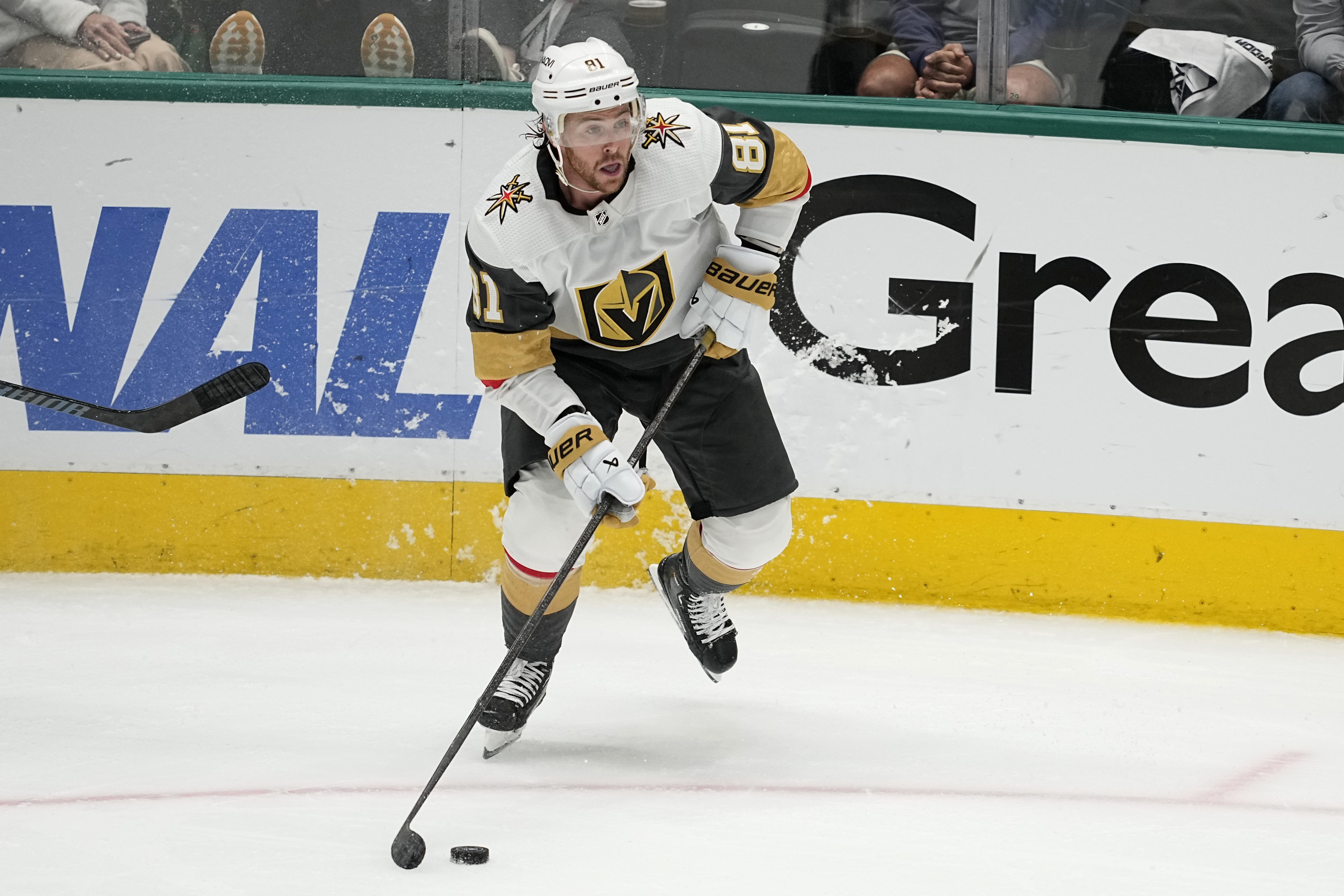 FILE - Vegas Golden Knights' Jonathan Marchessault controls the puck in Game 5 of an NHL hockey Stanley Cup first-round playoff series against the Dallas Stars in Dallas, May 1, 2024. Hundreds of millions of dollars will be committed to free agents, including a strong crop of forwards led by longtime Tampa Bay captain Steven Stamkos, three-time Stanley Cup champion Patrick Kane and 2023 playoff MVP Marchessault. 