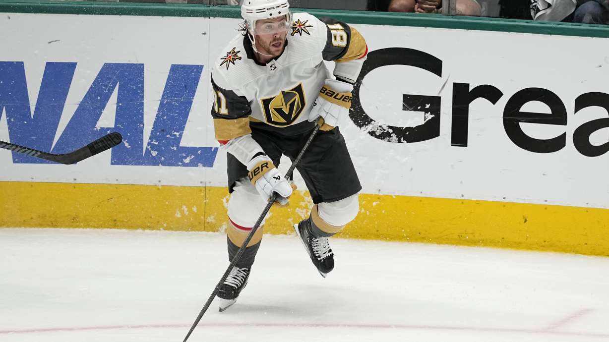 FILE - Vegas Golden Knights' Jonathan Marchessault controls the puck in Game 5 of an NHL hockey Stanley Cup first-round playoff series against the Dallas Stars in Dallas, May 1, 2024. Hundreds of millions of dollars will be committed to free agents, including a strong crop of forwards led by longtime Tampa Bay captain Steven Stamkos, three-time Stanley Cup champion Patrick Kane and 2023 playoff MVP Marchessault.