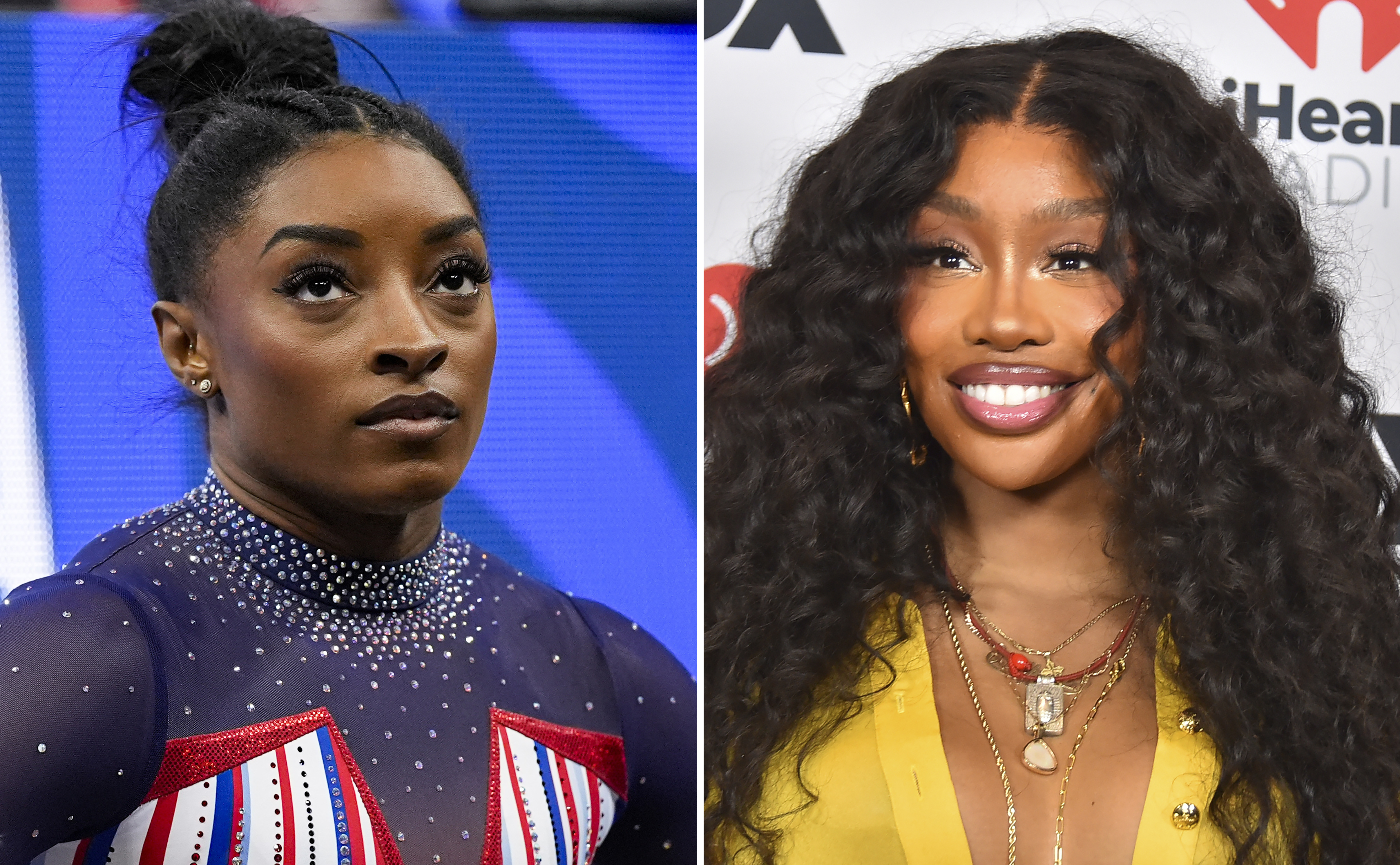 This combination photo shows gymnast Simone Biles at the United States Gymnastics Olympic Trials June 30, 2024, in Minneapolis, left, and SZA at the iHeartRadio Music Awards April 1, 2024, in Los Angeles. 