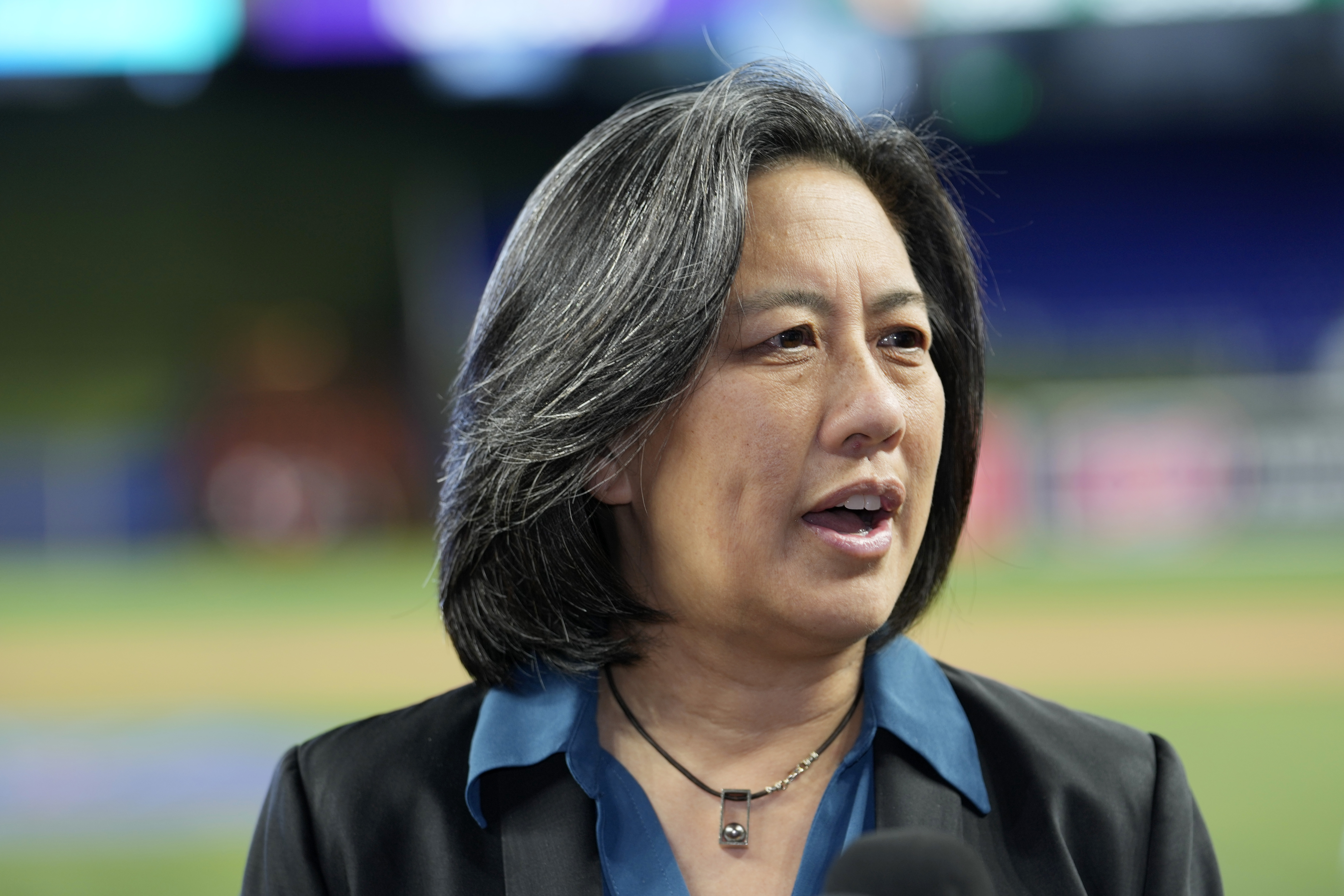 FILE - Miami Marlins general manager Kim Ng speaks with the news media, Jan. 19, 2023, in Miami. Ng has been hired as a senior advisor for the Athletes Unlimited Softball League, which will launch in 2025. In 2020, the Marlins made her the first female general manager in the four major North American professional sports leagues. 