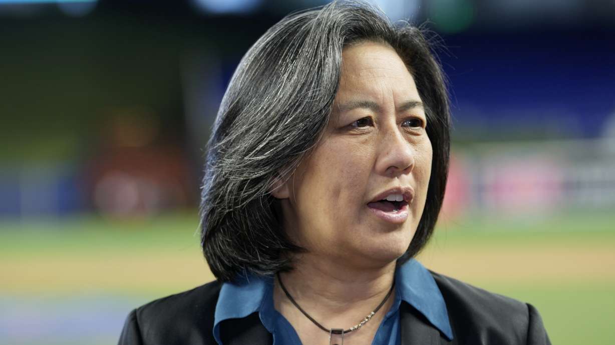 FILE - Miami Marlins general manager Kim Ng speaks with the news media, Jan. 19, 2023, in Miami. Ng has been hired as a senior advisor for the Athletes Unlimited Softball League, which will launch in 2025. In 2020, the Marlins made her the first female general manager in the four major North American professional sports leagues.