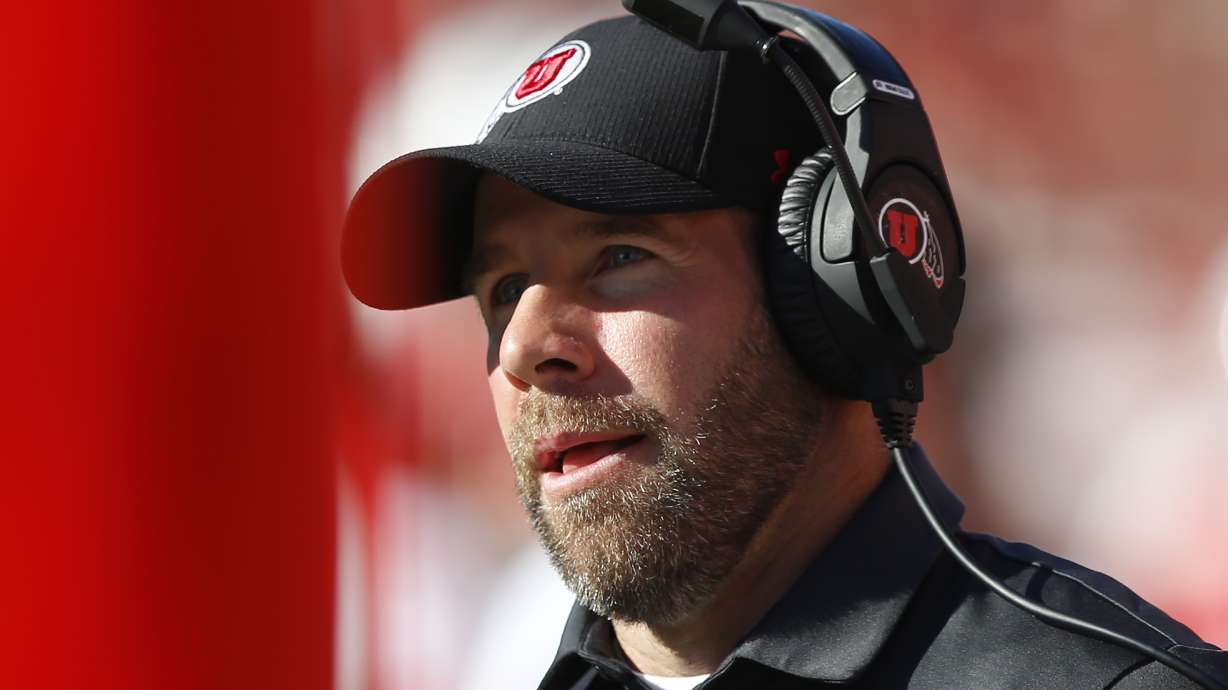 FILE - Utah defensive coordinator Morgan Scalley looks on in the second half of an NCAA college football game against Idaho State, Saturday, Sept. 14, 2019, in Salt Lake City. Utah has designated longtime defensive coordinator Morgan Scalley as the Utes’ “head coach in waiting” who will take over whenever Kyle Whittingham steps down. Athletic director Mark Harlan announced the succession plan on Monday, July 1, 2024.