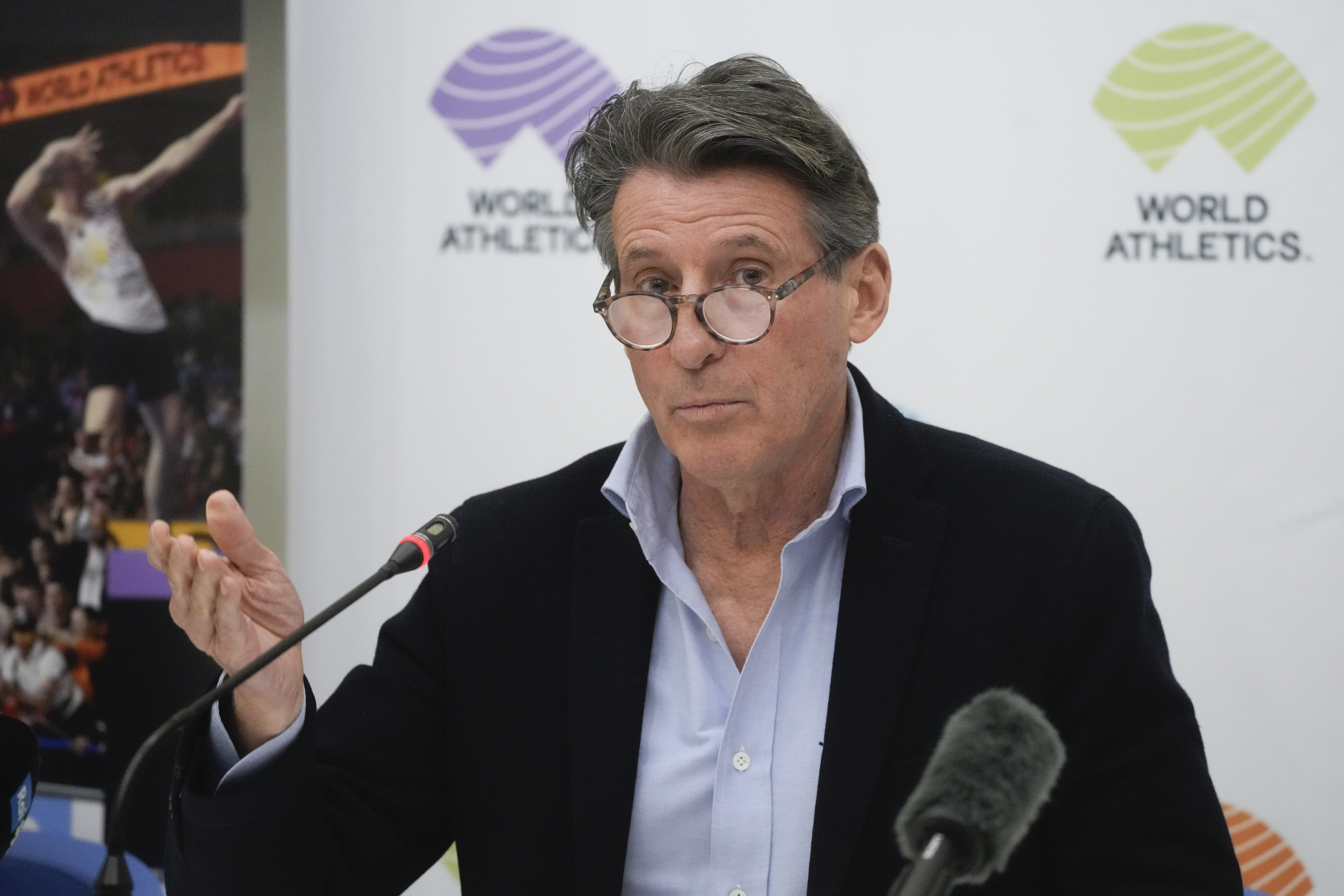 FILE - World Athletics President Sebastian Coe holds a press conference at the conclusion of the World Athletics meeting at the Italian National Olympic Committee, headquarters in Rome, Wednesday, Nov. 30, 2022. World Athletics leader Sebastian Coe visited Ukraine President Volodymyr Zelenskyy in Kyiv over the weekend, reiterating his sport's support for the war-torn country and inviting Zelenskyy to the track and field meet at the Paris Olympics.