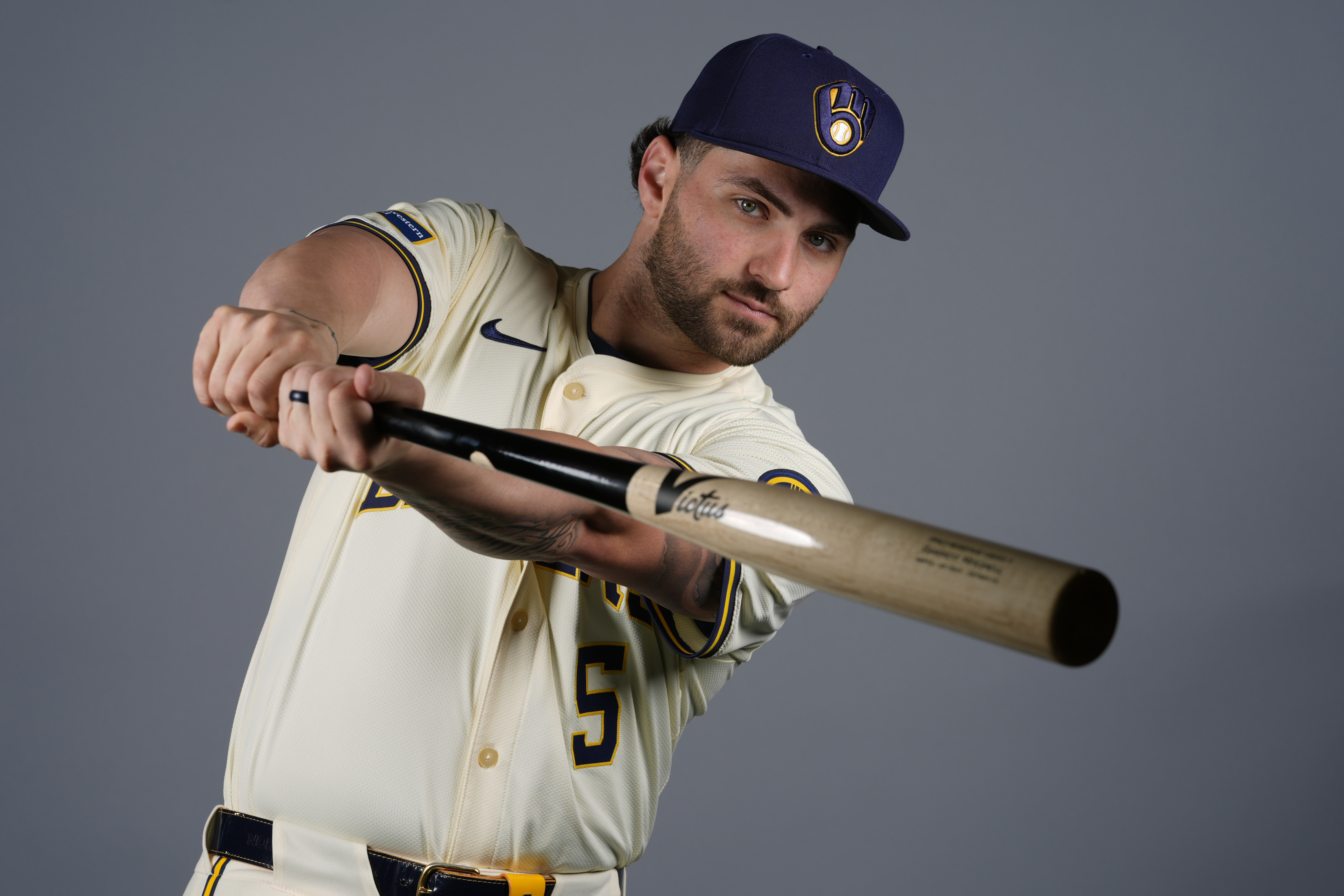 FILE Garrett Mitchell of the Milwaukee Brewers baseball team poses in Phoenix Thursday, Feb. 22, 2024. Brewers outfielder Garrett Mitchell has been activated from the injured list, clearing the way for him to make his season debut after missing three months with a fractured left index finger. The NL Central-leading Brewers also optioned infielder Tyler Black to Triple-A Nashville and designated infielder Owen Miller for assignment on Monday, July 1, before opening a four-game series at Colorado.