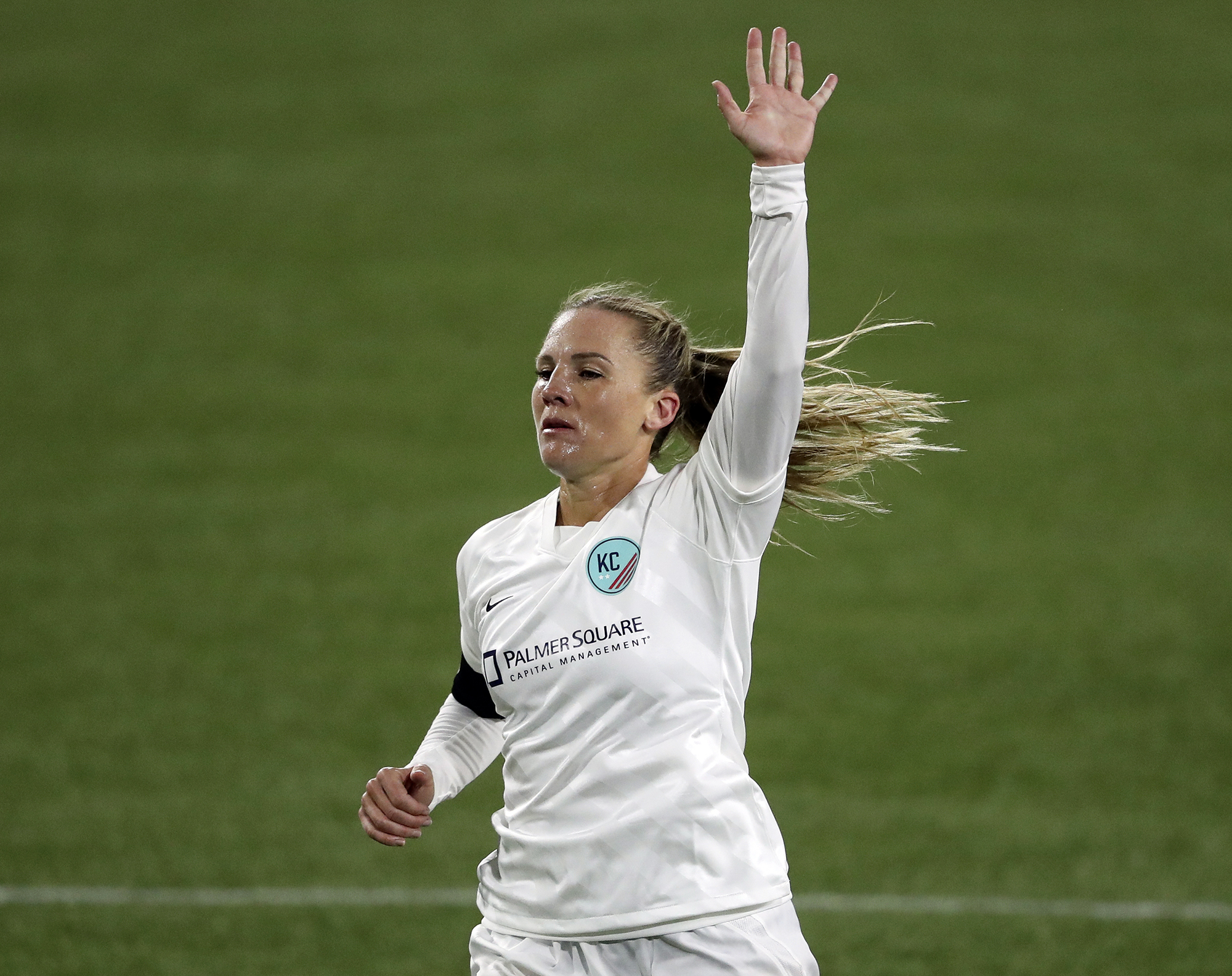 FILE - Kansas City's Amy Rodriguez reacts during an NWSL Challenge Cup soccer match against the Portland Thorns, April 9, 2021, in Portland, Ore. Utah Royals first-year coach Rodriguez was fired after less than a season leading the revived NWSL club. The move Sunday, June 30, 2024, was part of an organizational shakeup for the struggling team, which is 2-11-2 and in last place in the league. 