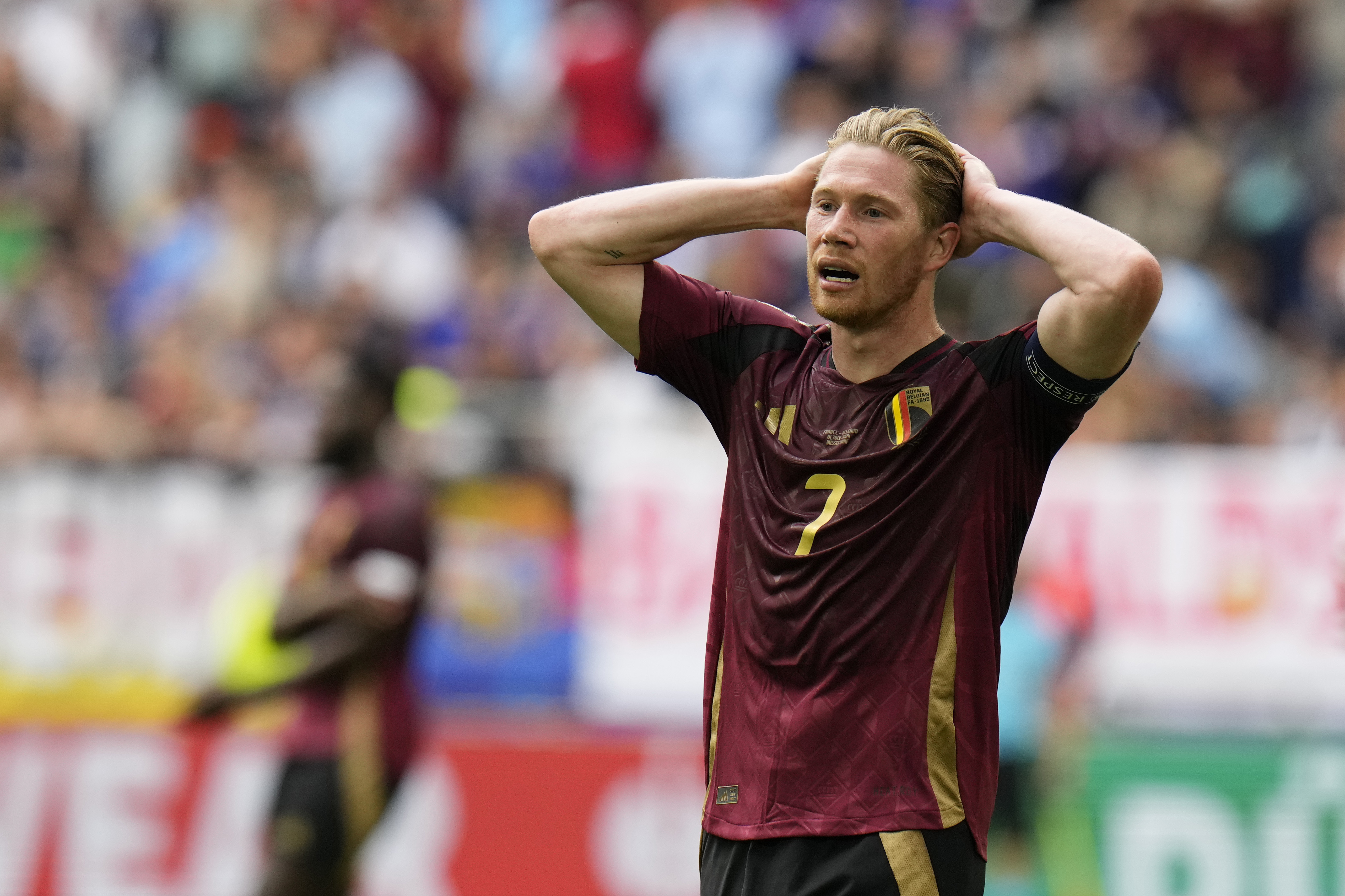 Belgium's Kevin De Bruyne gestures after missing a chance during a round of sixteen match between France and Belgium at the Euro 2024 soccer tournament in Dusseldorf, Germany, Monday, July 1, 2024. 