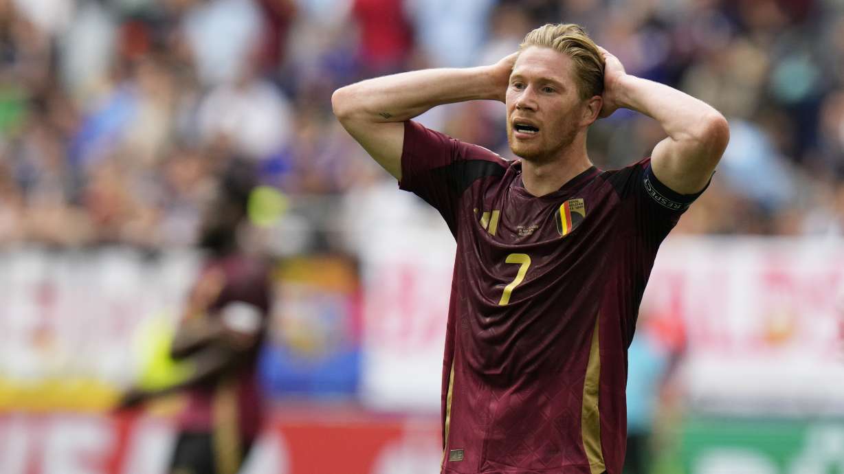 Belgium's Kevin De Bruyne gestures after missing a chance during a round of sixteen match between France and Belgium at the Euro 2024 soccer tournament in Dusseldorf, Germany, Monday, July 1, 2024.
