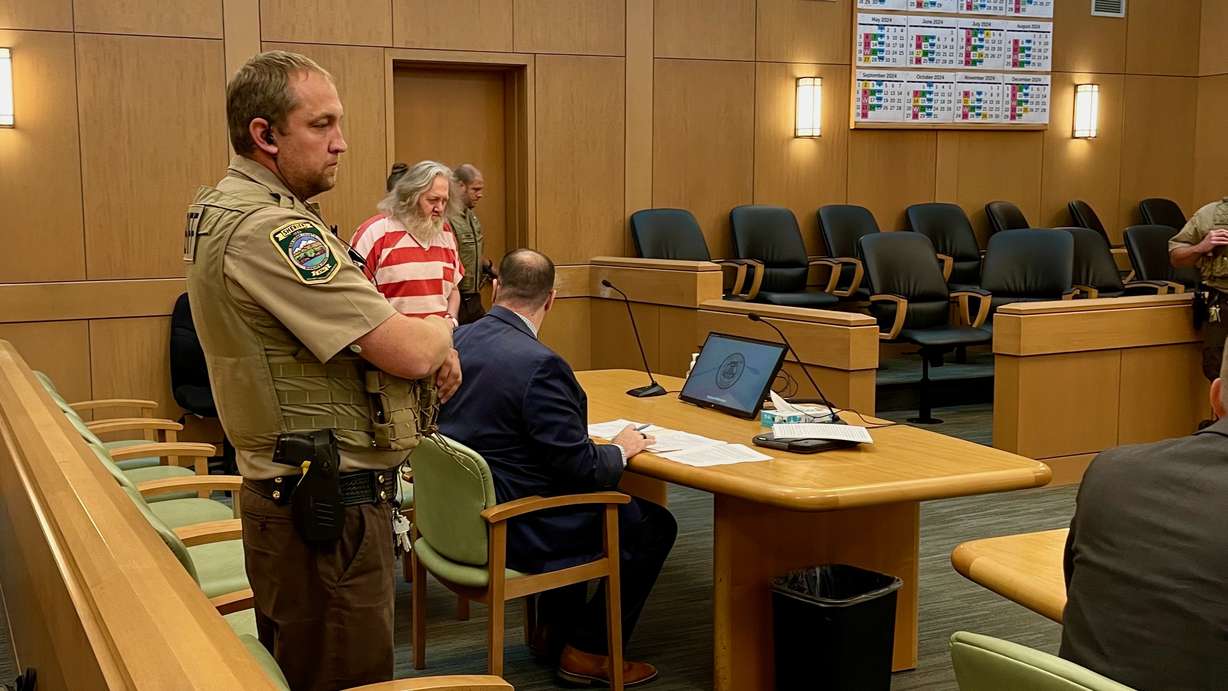 James Brenner, in the orange and white jumpsuit, appears in 1st District Court in Brigham City on July 1, 2024, for sentencing in the 2022 killing of Dylan Rounds.