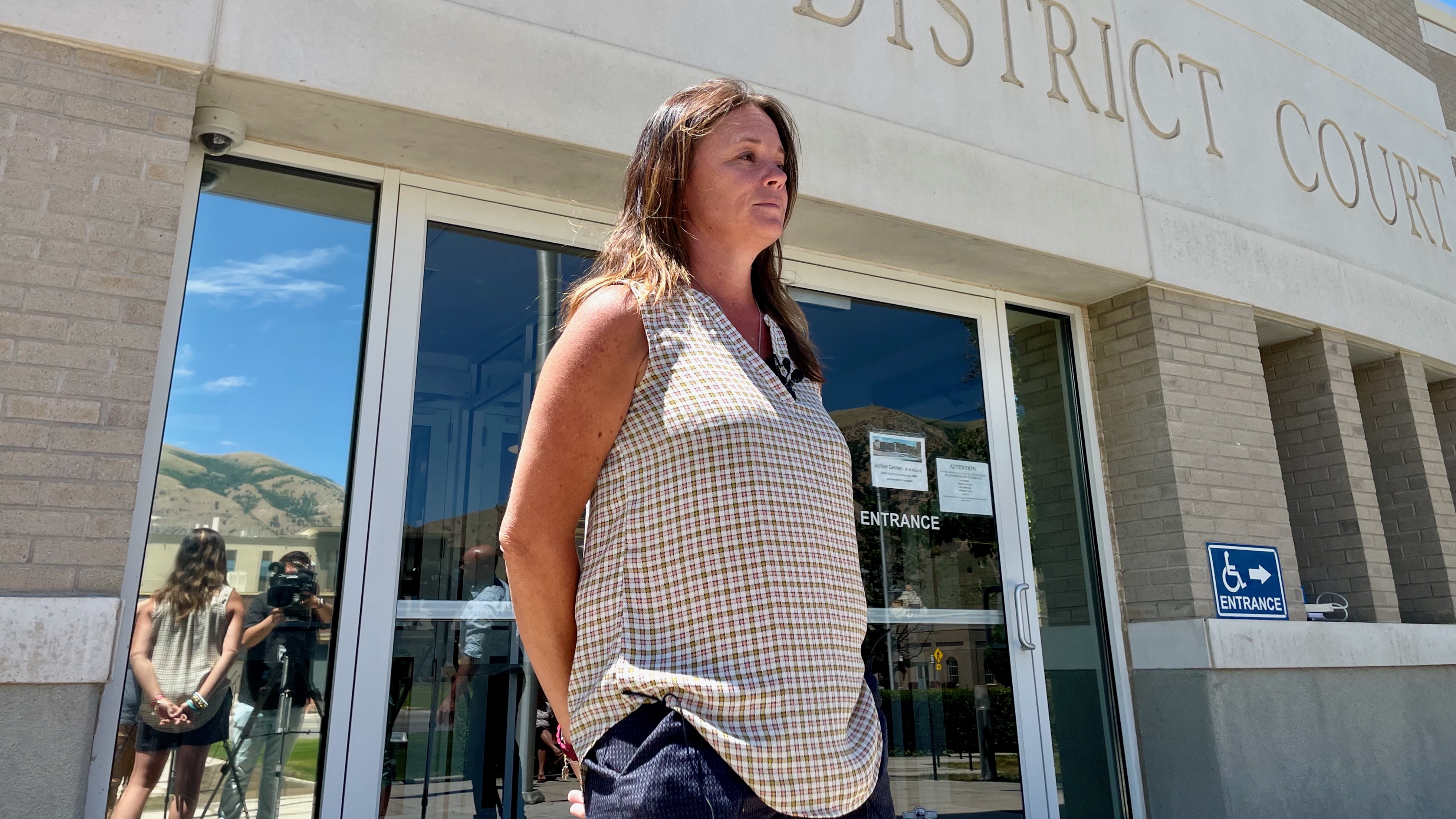 Dylan Rounds’ mother, Candice Cooley, speaks with media outside 1st District Court in Brigham City on Monday.