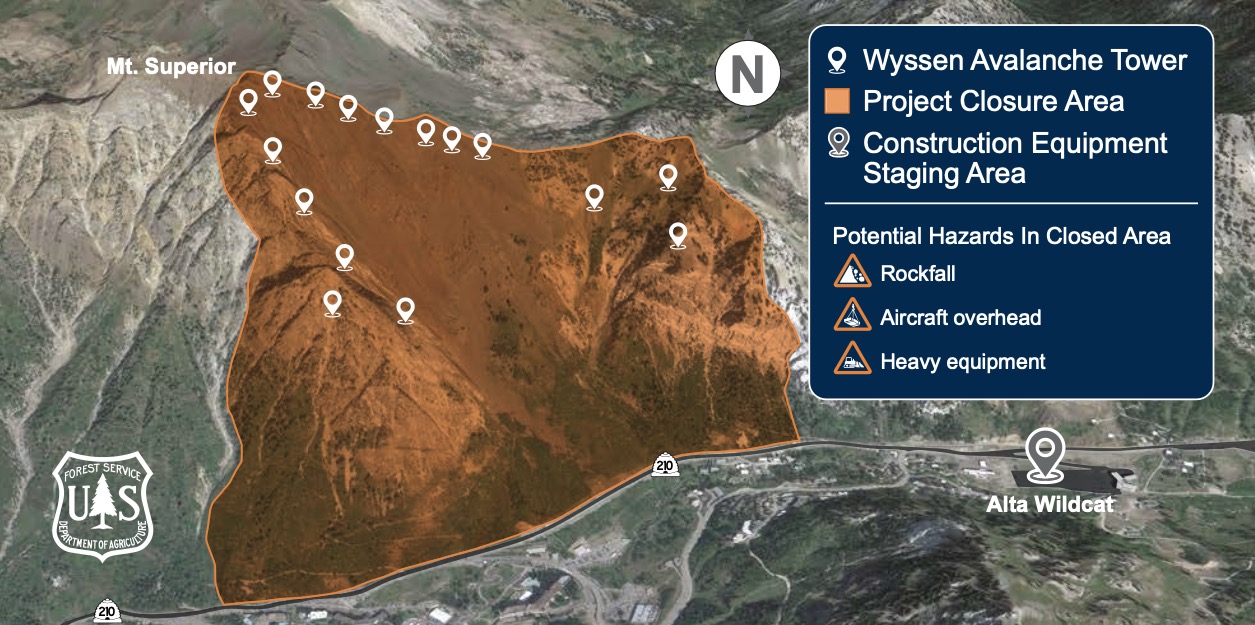 This map shows where the new Wyssen avalanche mitigation towers will be located and sections that will be closed during the project.