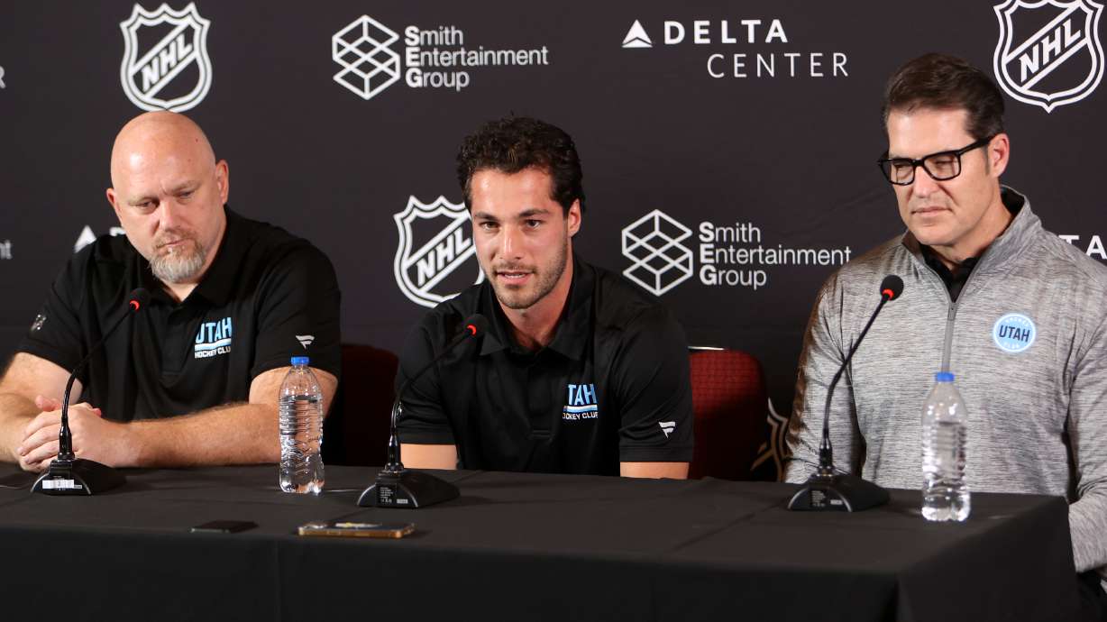 Utah Hockey Club head coach Andre Tourigny, defenseman Sean Durzi and general manger Bill Armstrong answer questions during a press conference at Hotel Park City in Park City on Monday, July 1, 2024.