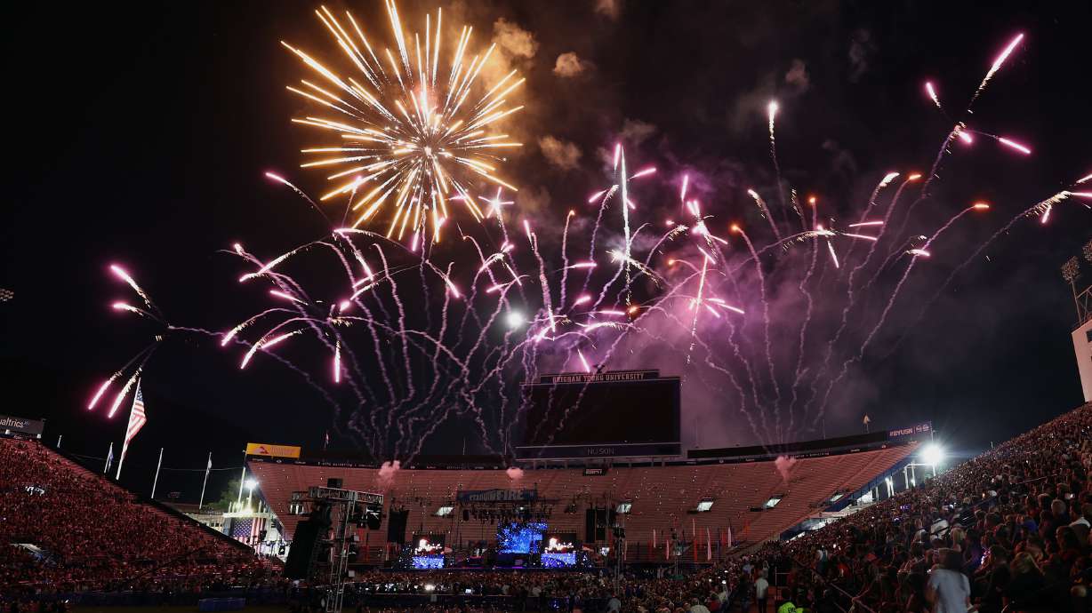 Fireworks explode over LaVell Edwards Stadium July 1, 2023. A BYU study shows Utah's fireworks season significantly contributes to air pollution.