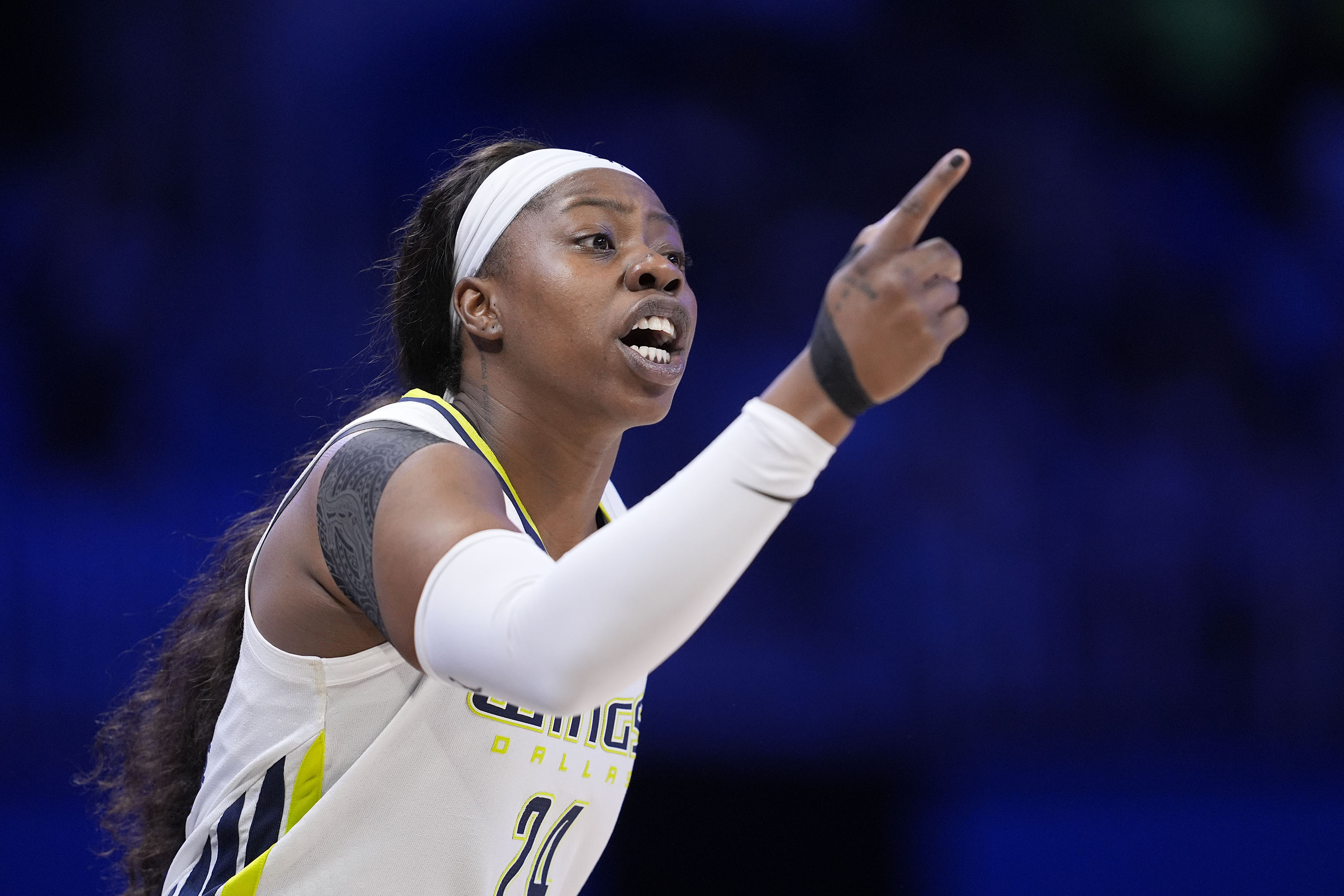 FILE - Dallas Wings' Arike Ogunbowale instructs teammates during a WNBA basketball game against the Minnesota Lynx in Arlington, Texas, June 27, 2024. The Wings were coming off their most successful season in Texas, with All-Star starters Satou Sabally and Ogunbowale among the core back from a team that made the WNBA semifinals. Sabally got hurt even before the season, the first of numerous injuries that have clipped the Wings, who are now just trying to hold on until the Olympic break. 