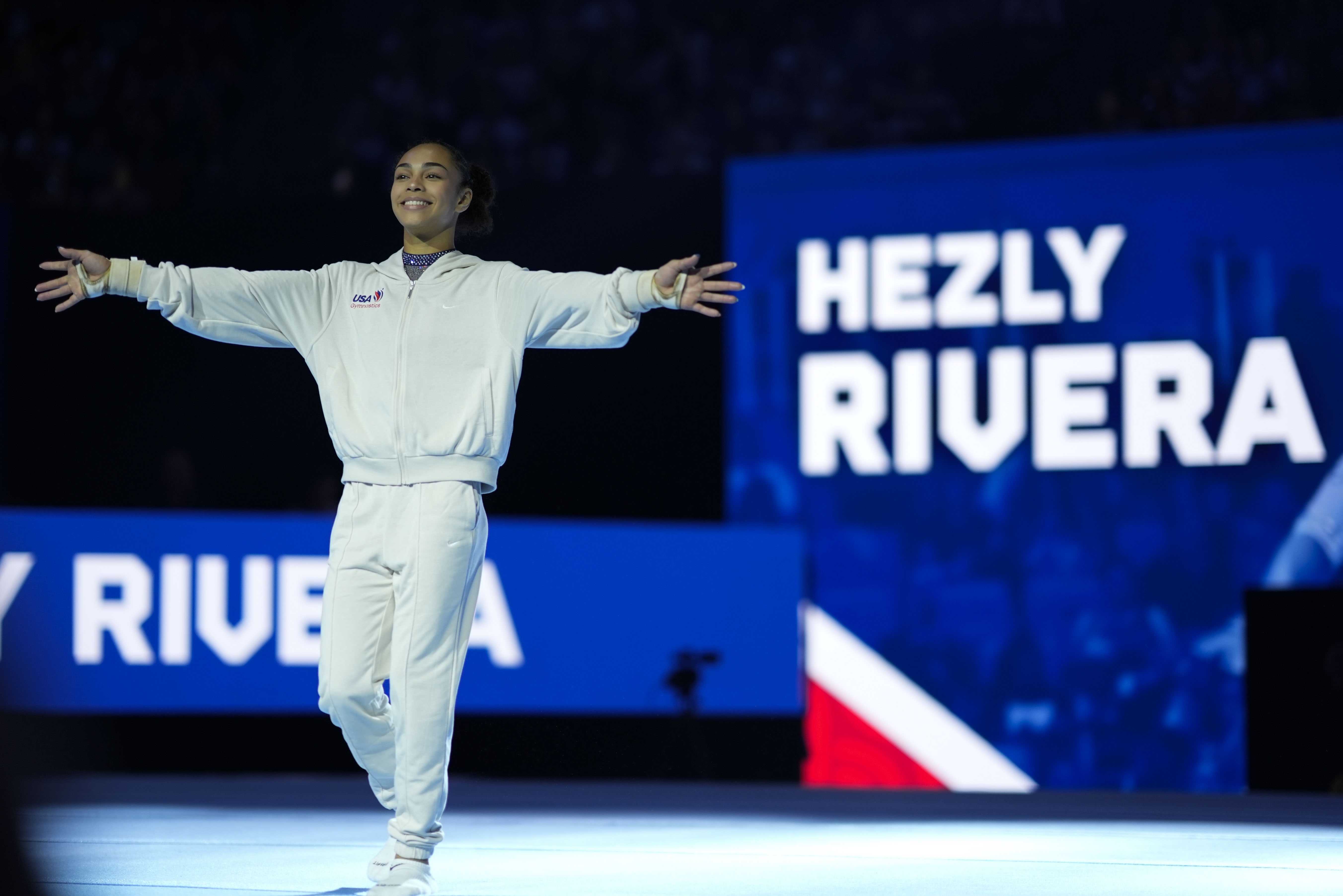 Hezly Rivera is introduced at the United States Gymnastics Olympic Trials on Friday, June 28, 2024 in Minneapolis.