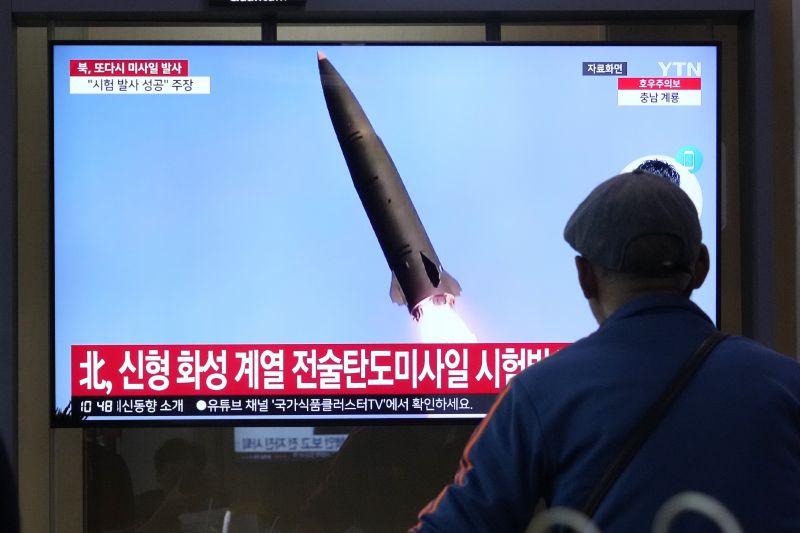 A TV screen shows a file image of North Korea's missile launch at Seoul Railway Station in Seoul, South Korea, Tuesday. North Korea said Tuesday it had test-fired a new tactical ballistic missile capable of carrying a huge warhead.