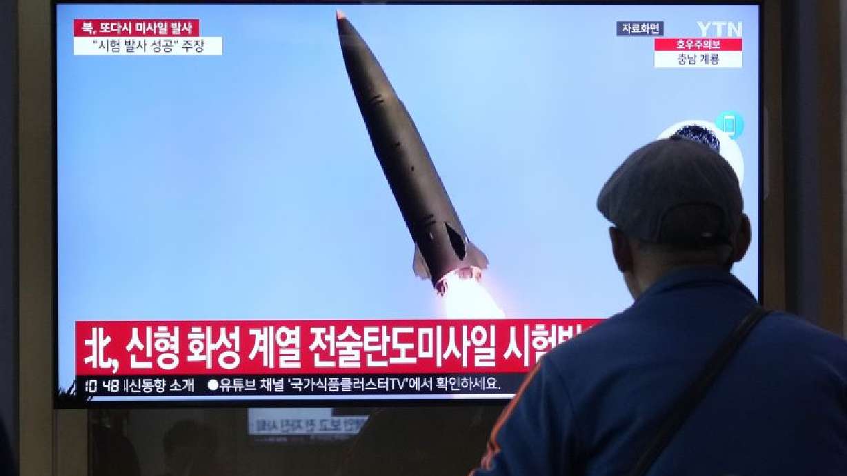A TV screen shows a file image of North Korea's missile launch at Seoul Railway Station in Seoul, South Korea, Tuesday. North Korea said Tuesday it had test-fired a new tactical ballistic missile capable of carrying a huge warhead.
