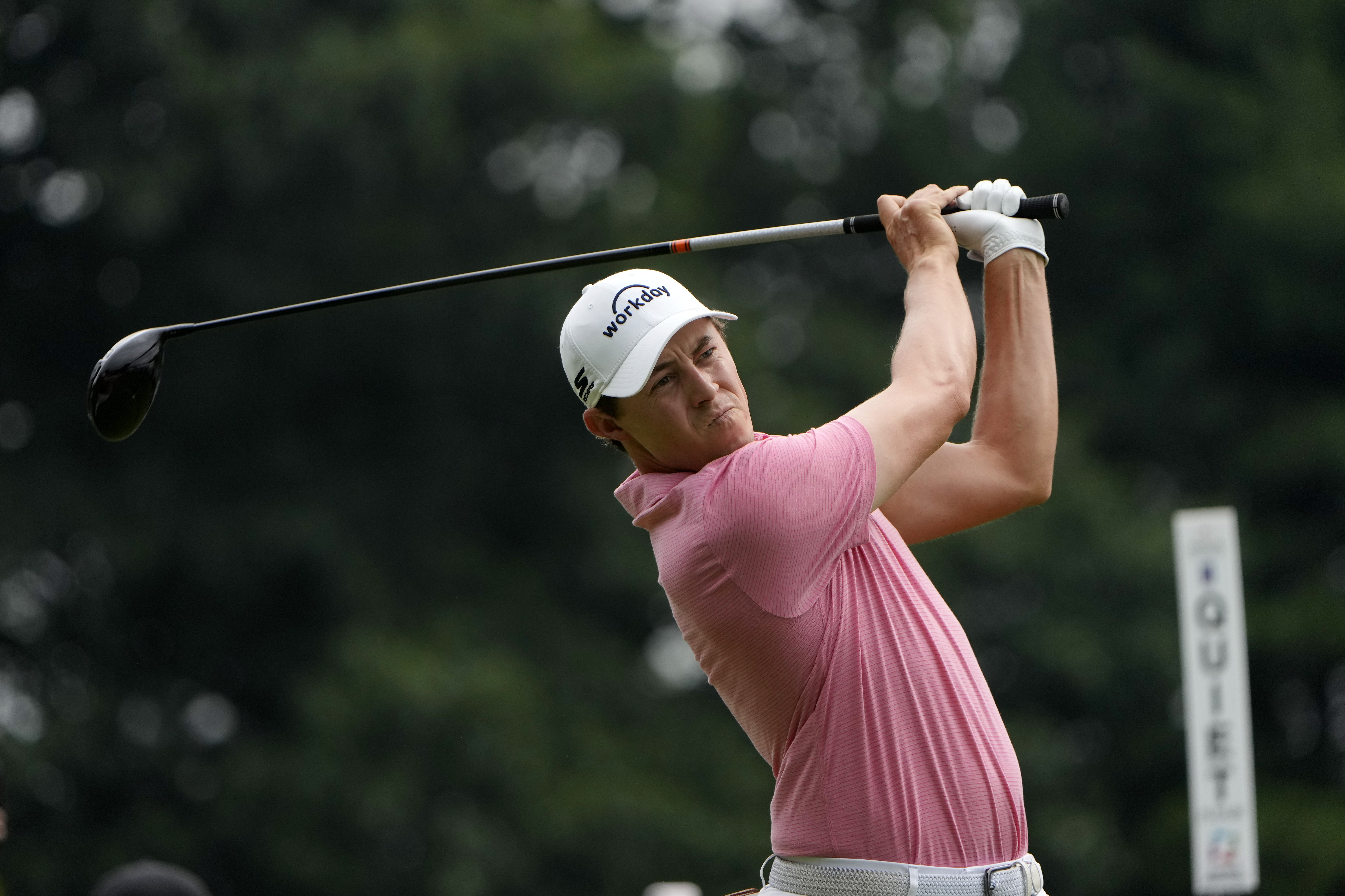 Matt Fitzpatrick, of England, tees off on the first hole during the final round of the Travelers Championship golf tournament at TPC River Highlands, Sunday, June 23, 2024, in Cromwell, Conn. 