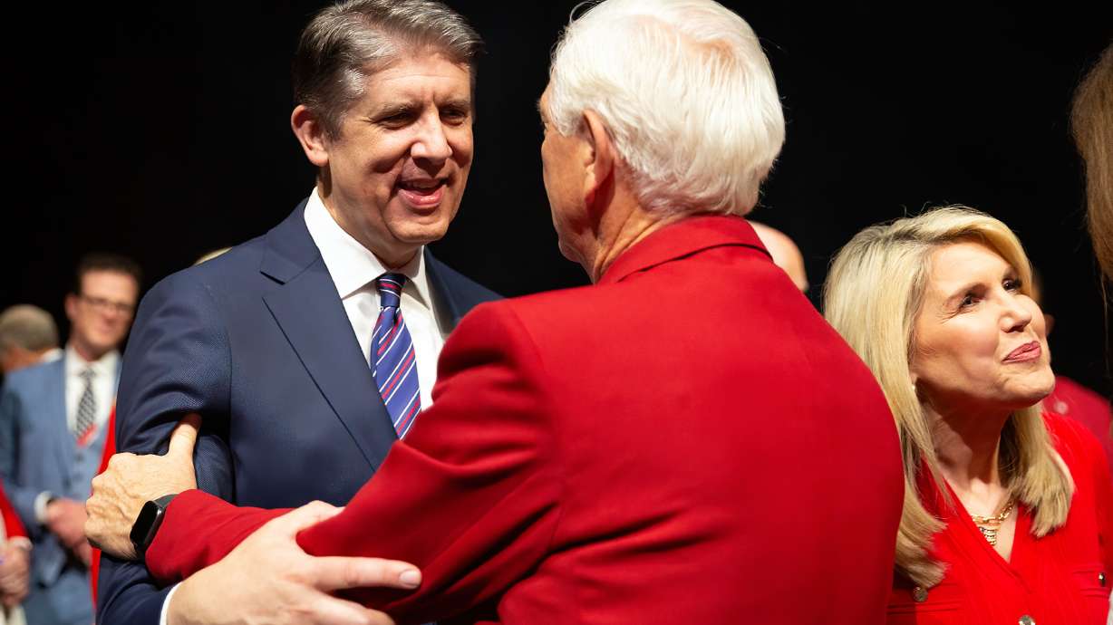 Elder Matthew S. Holland, General Authority Seventy for The Church of Jesus Christ of Latter-day Saints, speaks with attendees after the America’s Freedom Festival in Provo Sunday.