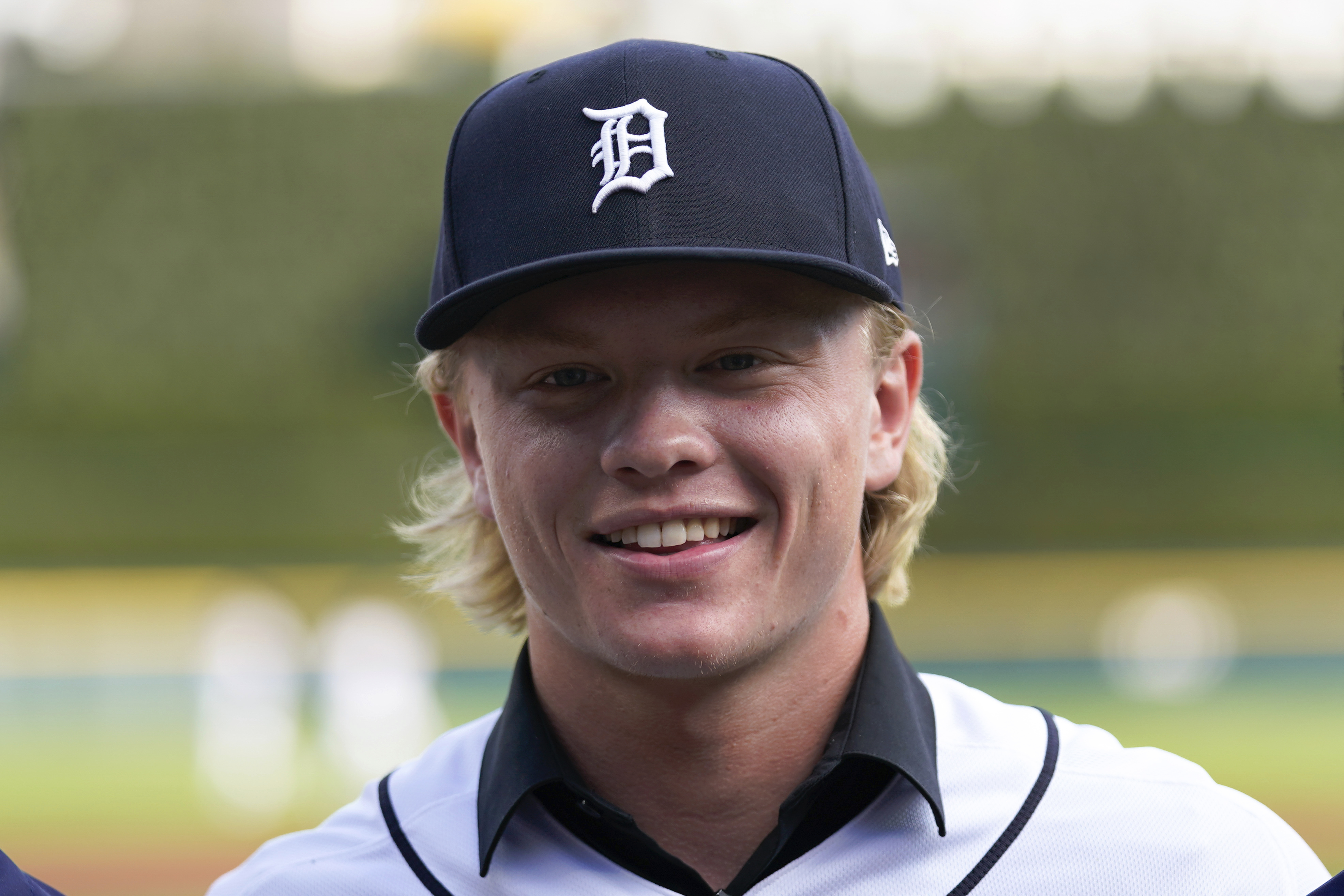 FILE - Detroit Tigers first round draft selection Max Clark looks on before a baseball game against the San Diego Padres, Friday, July 21, 2023, in Detroit. The last two No. 2 overall Major League Baseball draft picks will play for the National League in the All-Star Futures Game featuring top prospects. Clark is among the former first-rounders on the AL team. 