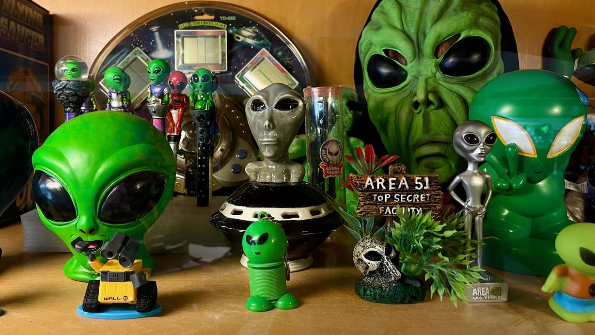 Some of the UFO- and space alien-inspired items on sale at Victor Camacho's Ogden store, Alien Legacy, photographed Tuesday on World UFO Day.