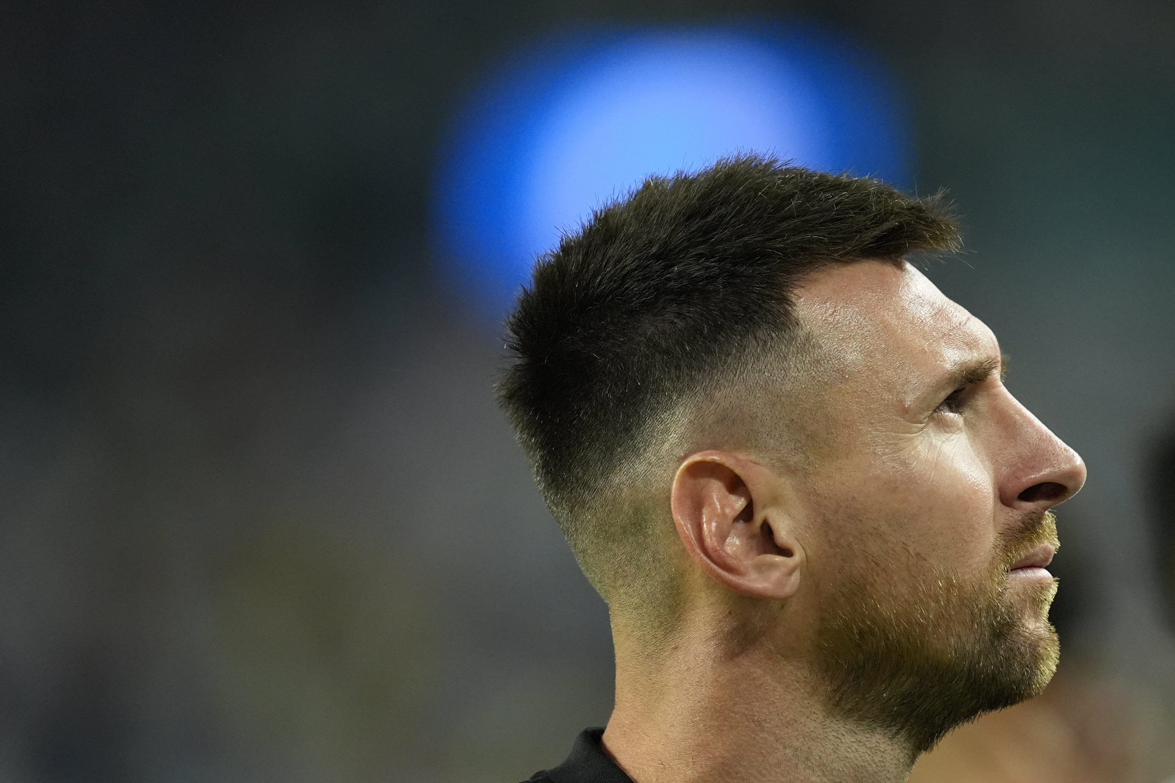 Argentina's Lionel Messi looks on at the end of a Copa America Group A soccer match against Peru in Miami Gardens, Fla., Saturday, June 29, 2024. 