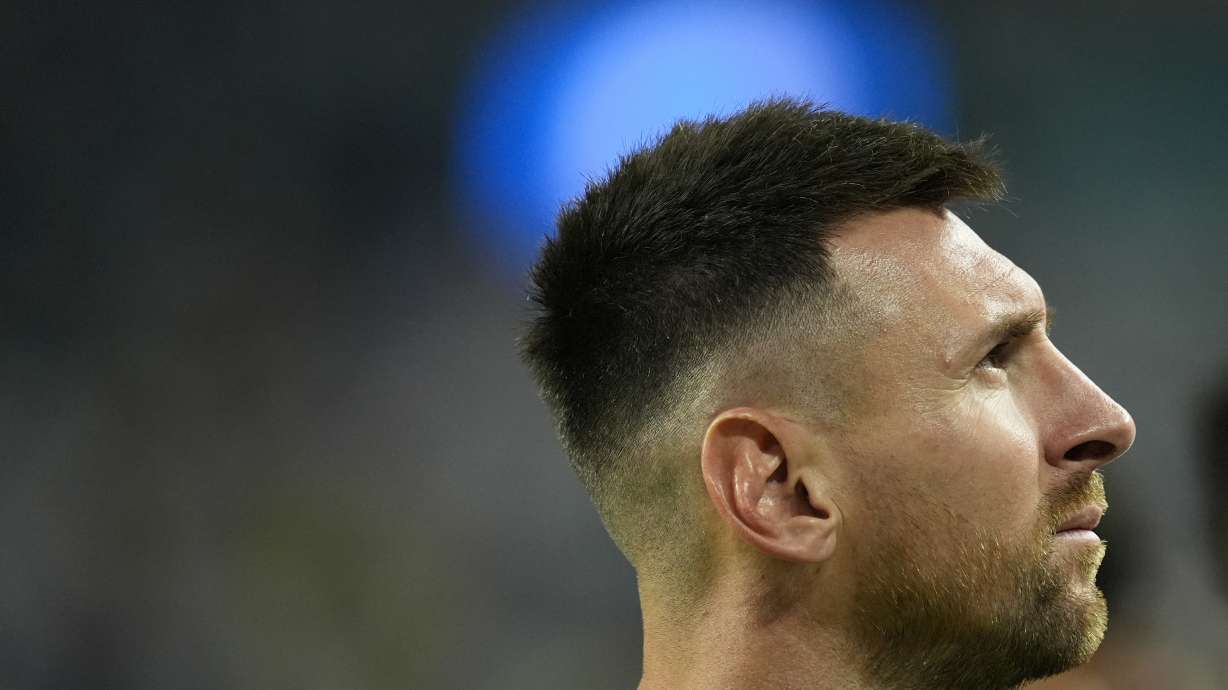 Argentina's Lionel Messi looks on at the end of a Copa America Group A soccer match against Peru in Miami Gardens, Fla., Saturday, June 29, 2024.