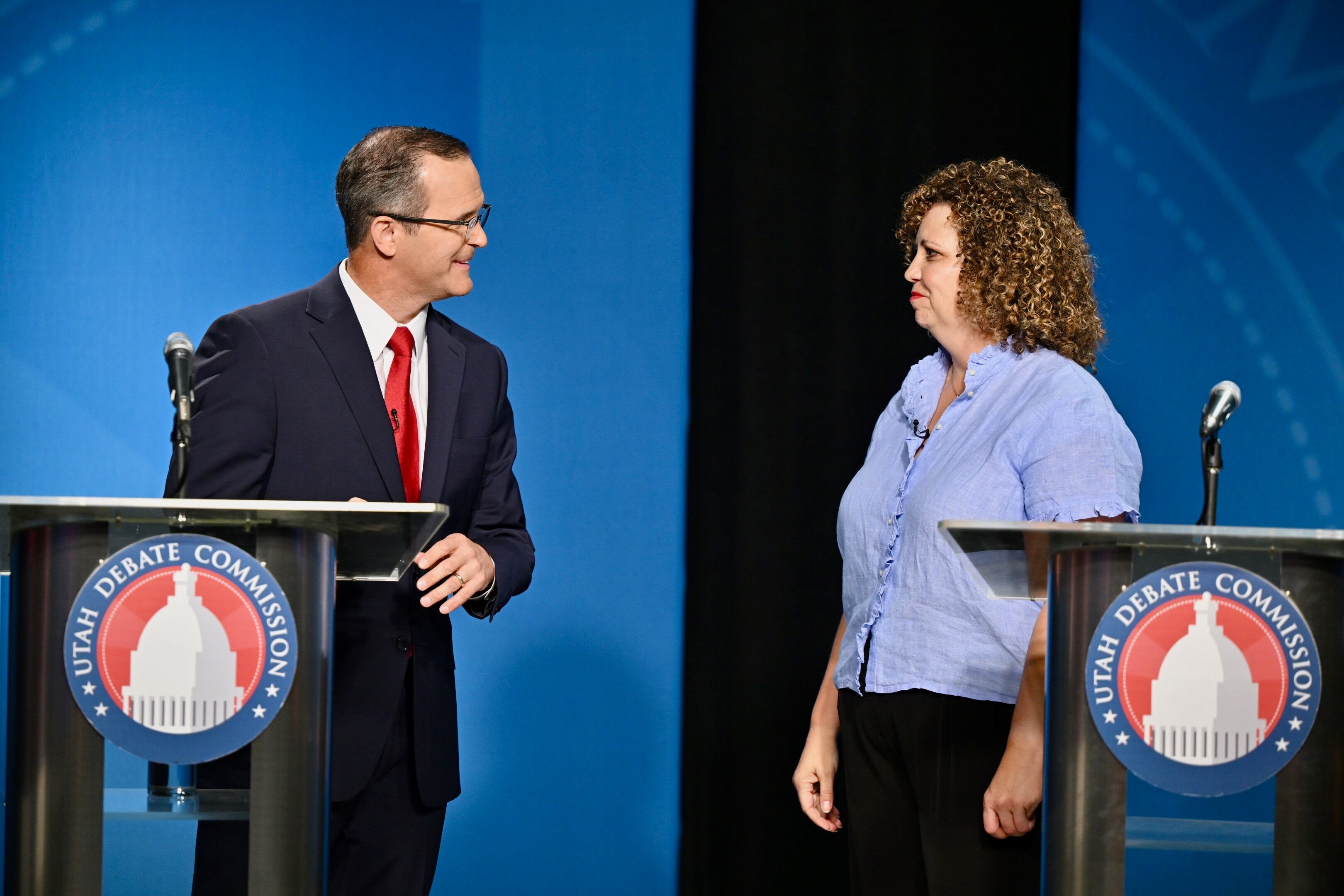 Utah’s 2nd Congressional District debate between Colby Jenkins and Rep. Celeste Maloy at the KUED studios at the University of Utah in Salt Lake City on June 10. Maloy and Jenkins are just 40 votes away from a recount in their GOP primary.