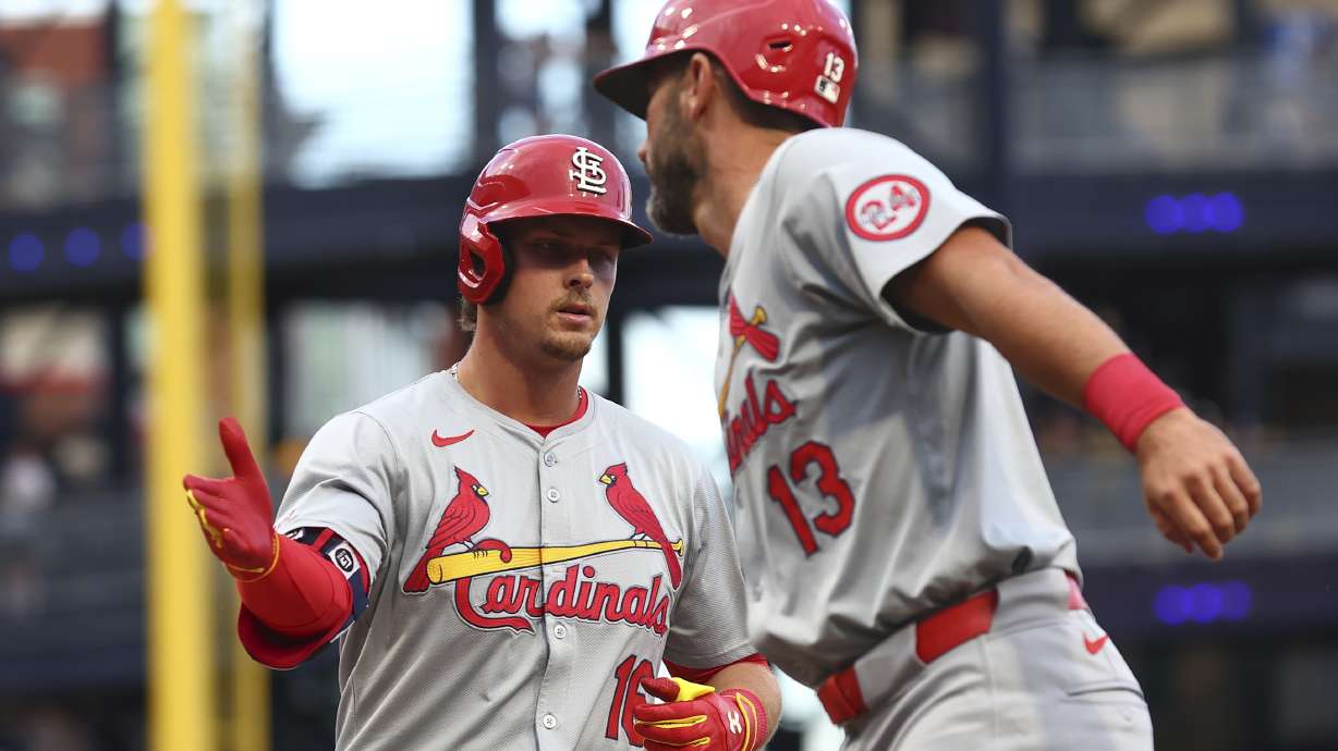 St. Louis Cardinals Nolan Gorman (16) reacts after hitting a grand slam home run against the Pittsburgh Pirates during a baseball game in Pittsburgh, Tuesday, July 2, 2024.