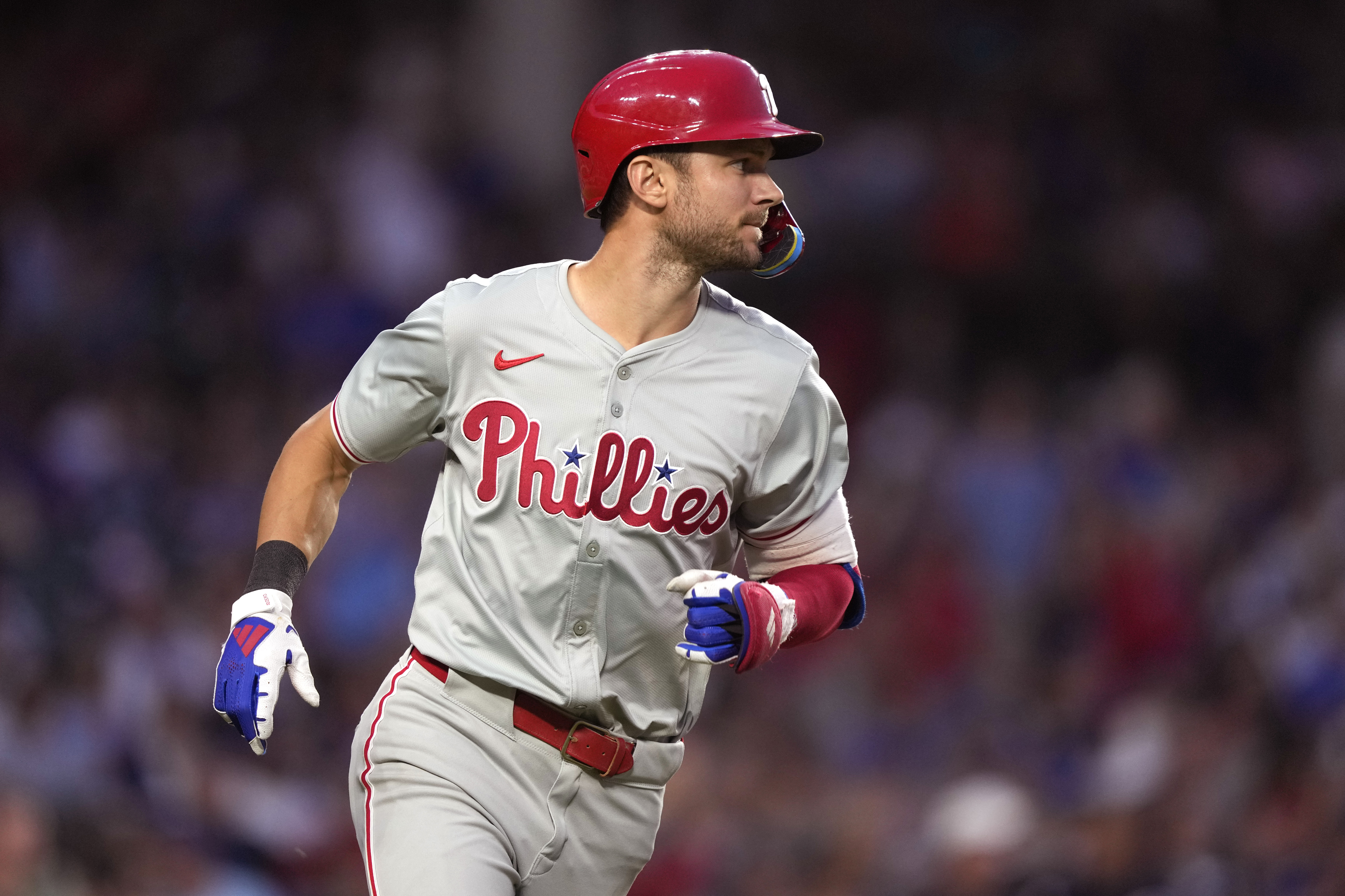 Philadelphia Phillies' Trea Turner watches his two-run home run off Chicago Cubs starting pitcher Hayden during the fifth inning of a baseball game Tuesday, July 2, 2024, in Chicago.