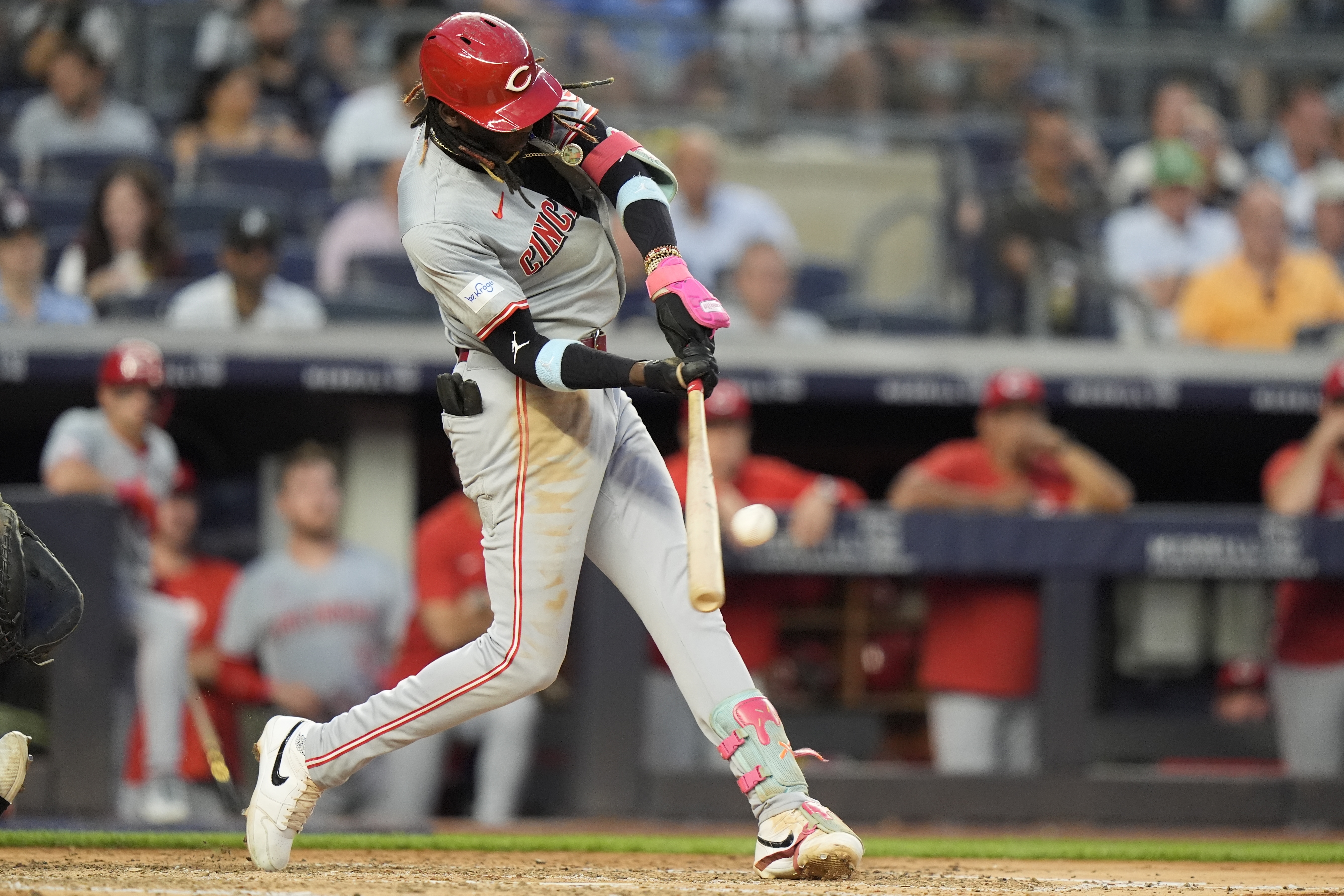 Cincinnati Reds' Elly De La Cruz hits a two-run home run during the fifth inning of a baseball game against the New York Yankees, Tuesday, July 2, 2024, in New York. 