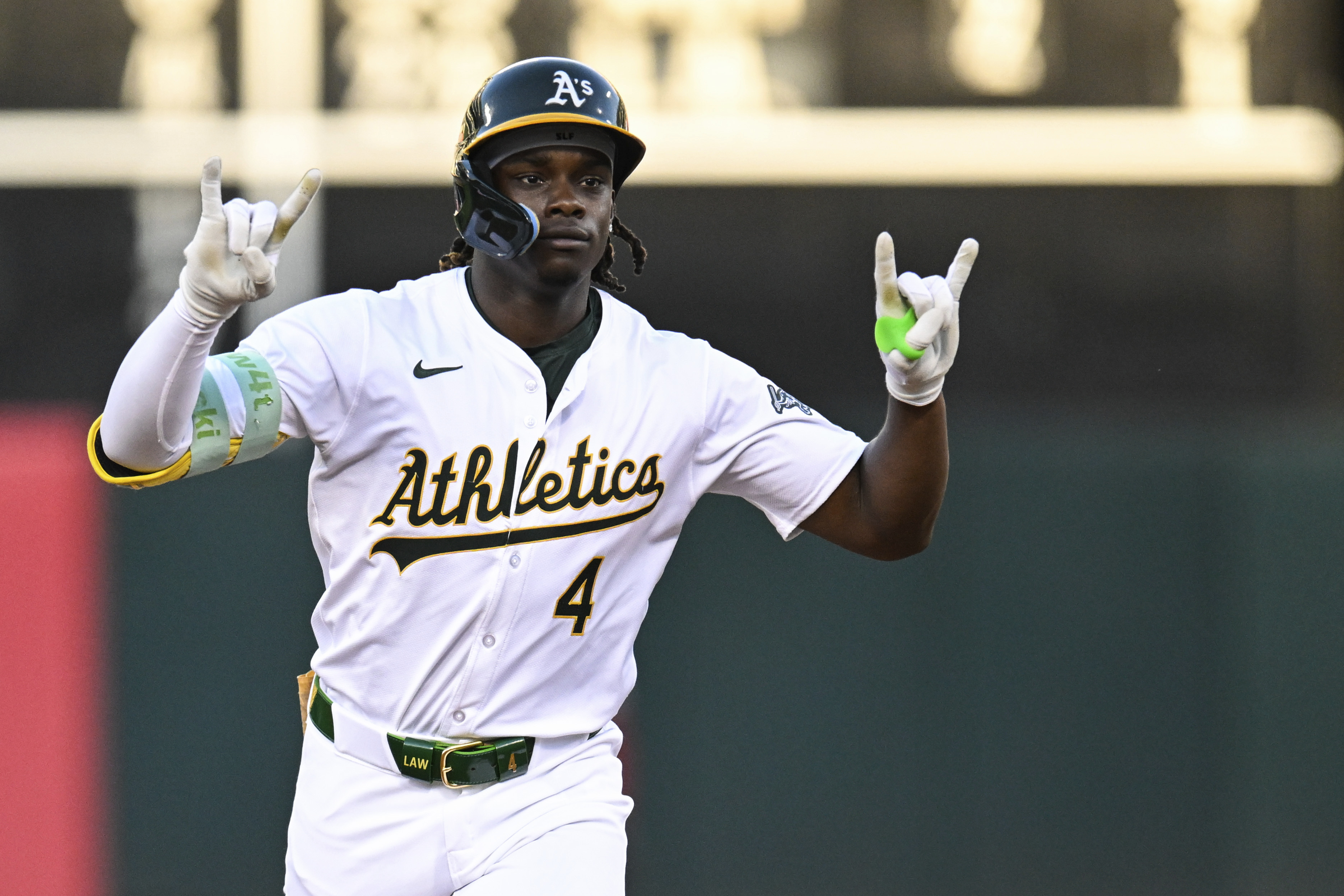 Oakland Athletics outfielder Lawrence Butler (4) runs the bases after hitting a three-run home run against the Los Angeles Angels during the fourth inning of a baseball game Tuesday, July 2, 2024, in Oakland, Calif. 