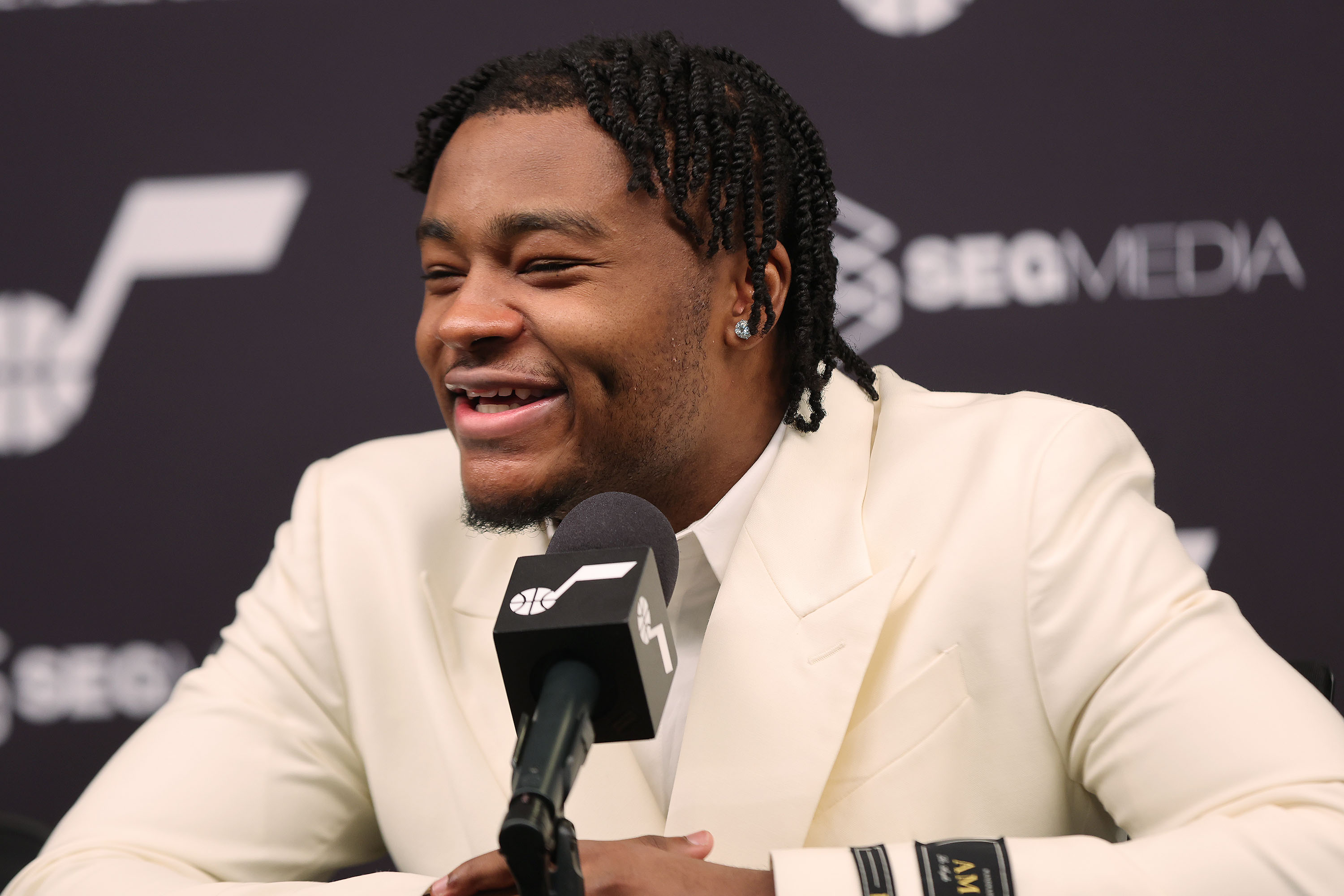 Utah Jazz draft pick, Isaiah Collier, 29th overall pick, speaks during a press conference at the Utah Jazz Zions Bank Basketball Campus in Salt Lake City on Tuesday, July 2, 2024.