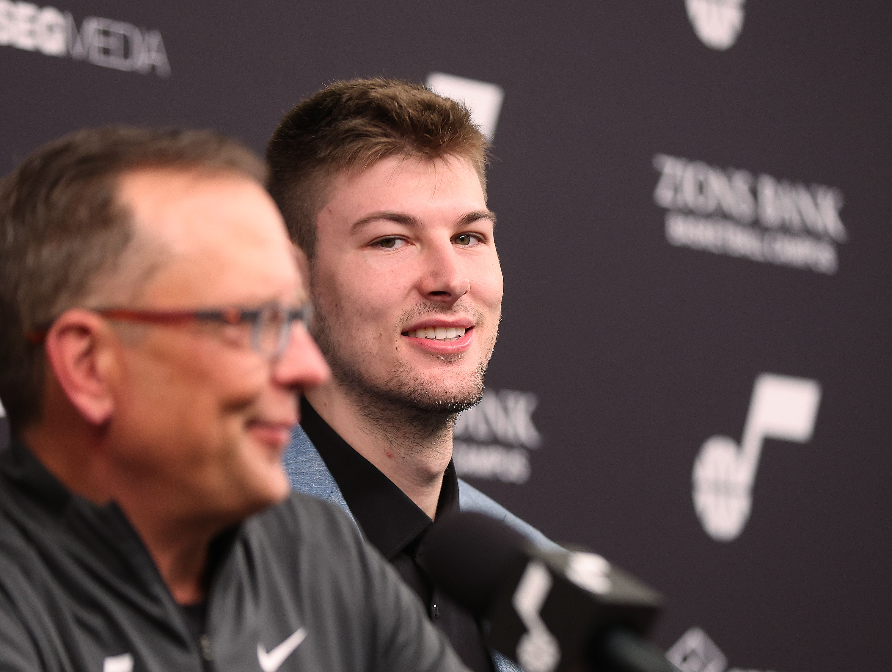 Justin Zanik, Jazz general manager, and Utah Jazz draft pick, Kyle Filipowski, 32nd overall pick, speak during a press conference at the Utah Jazz Zions Bank Basketball Campus in Salt Lake City on Tuesday, July 2, 2024.