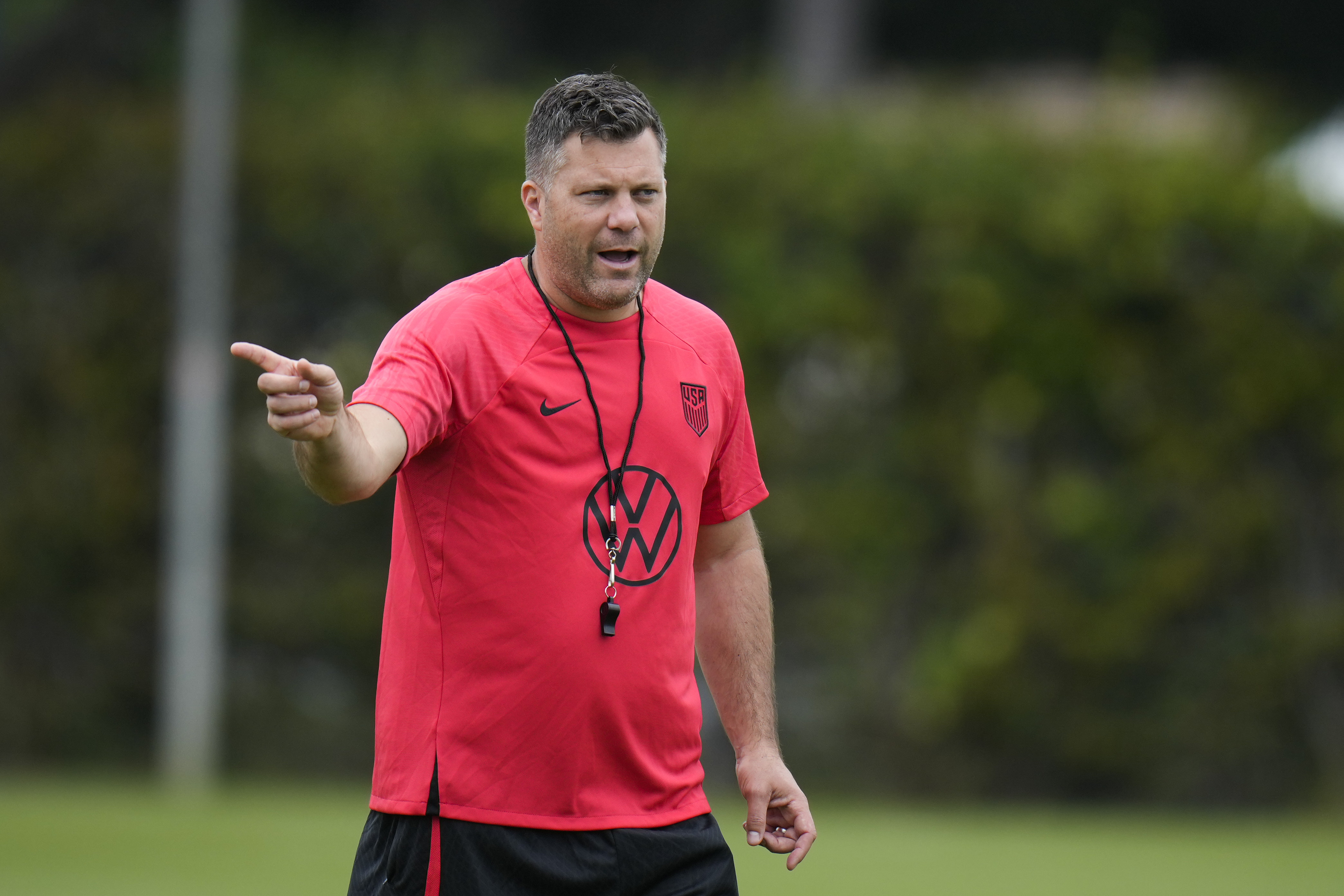 FILE - United States men's national soccer team's interim head coach B. J. Callaghan talks to his players during practice in Carson, Calif., Monday, June 5, 2023. Callaghan is leaving his role as an assistant coach on the U.S. men’s national team to become head coach of the Nashville SC. Callaghan will officially take over on July 22. 