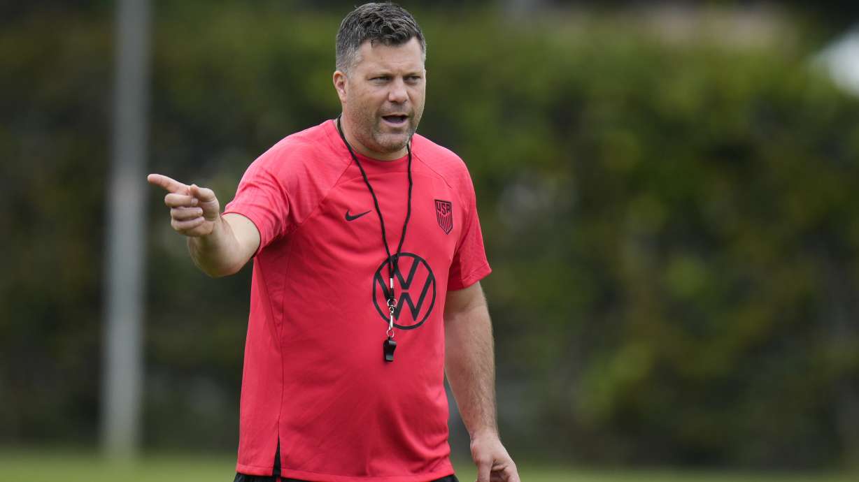 FILE - United States men's national soccer team's interim head coach B. J. Callaghan talks to his players during practice in Carson, Calif., Monday, June 5, 2023. Callaghan is leaving his role as an assistant coach on the U.S. men’s national team to become head coach of the Nashville SC. Callaghan will officially take over on July 22.