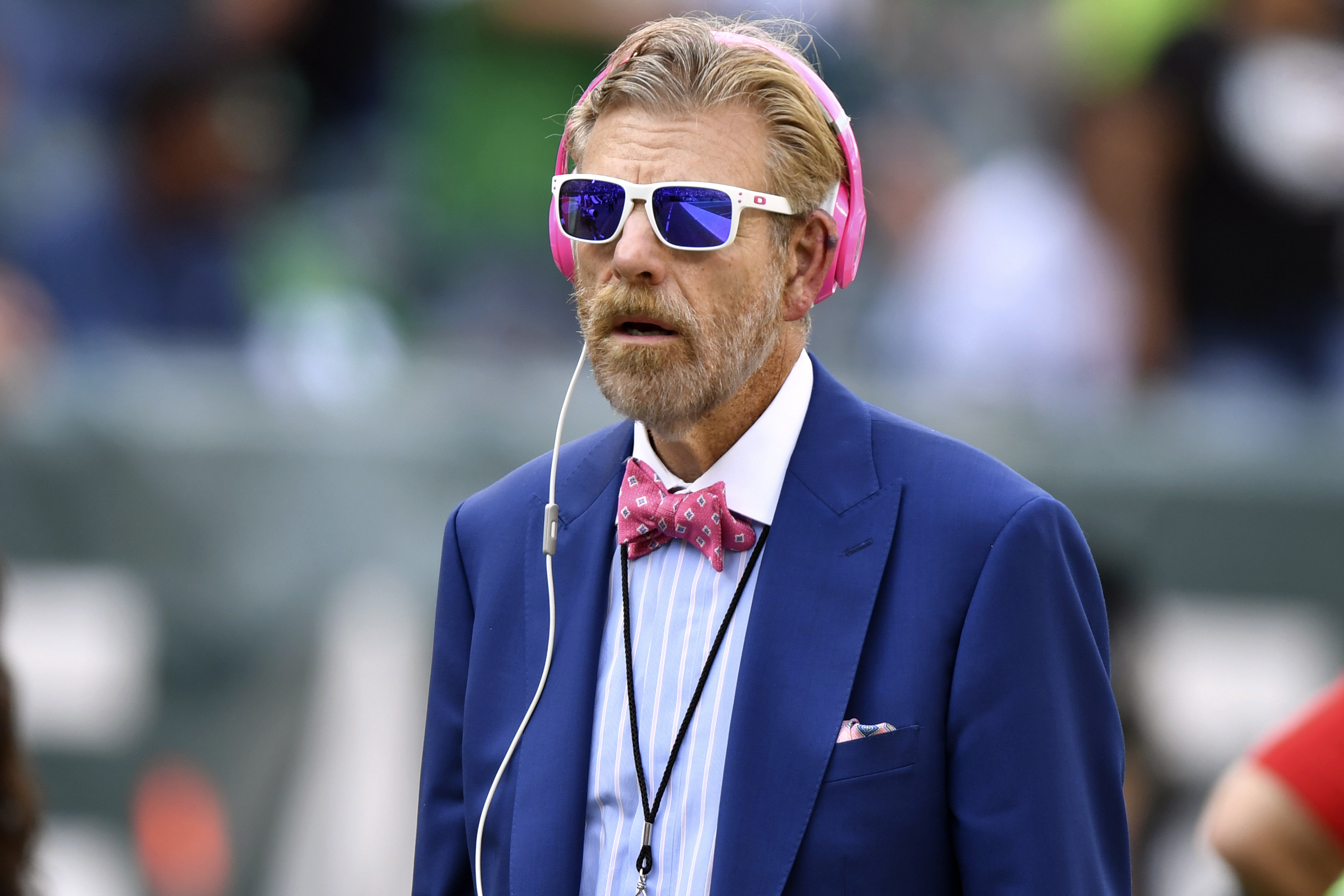 FILE - Philadelphia sports radio host Howard Eskin looks on from the sideline during an NFL football game between the Philadelphia Eagles and the Kansas City Chiefs, Sunday, Oct. 3, 2021, in Philadelphia. Eskin’s employer has suspended him from Philadelphia Phillies home games for the rest of the season after investigations showed he kissed a worker for Citizens Bank Park’s food service provider without consent. 