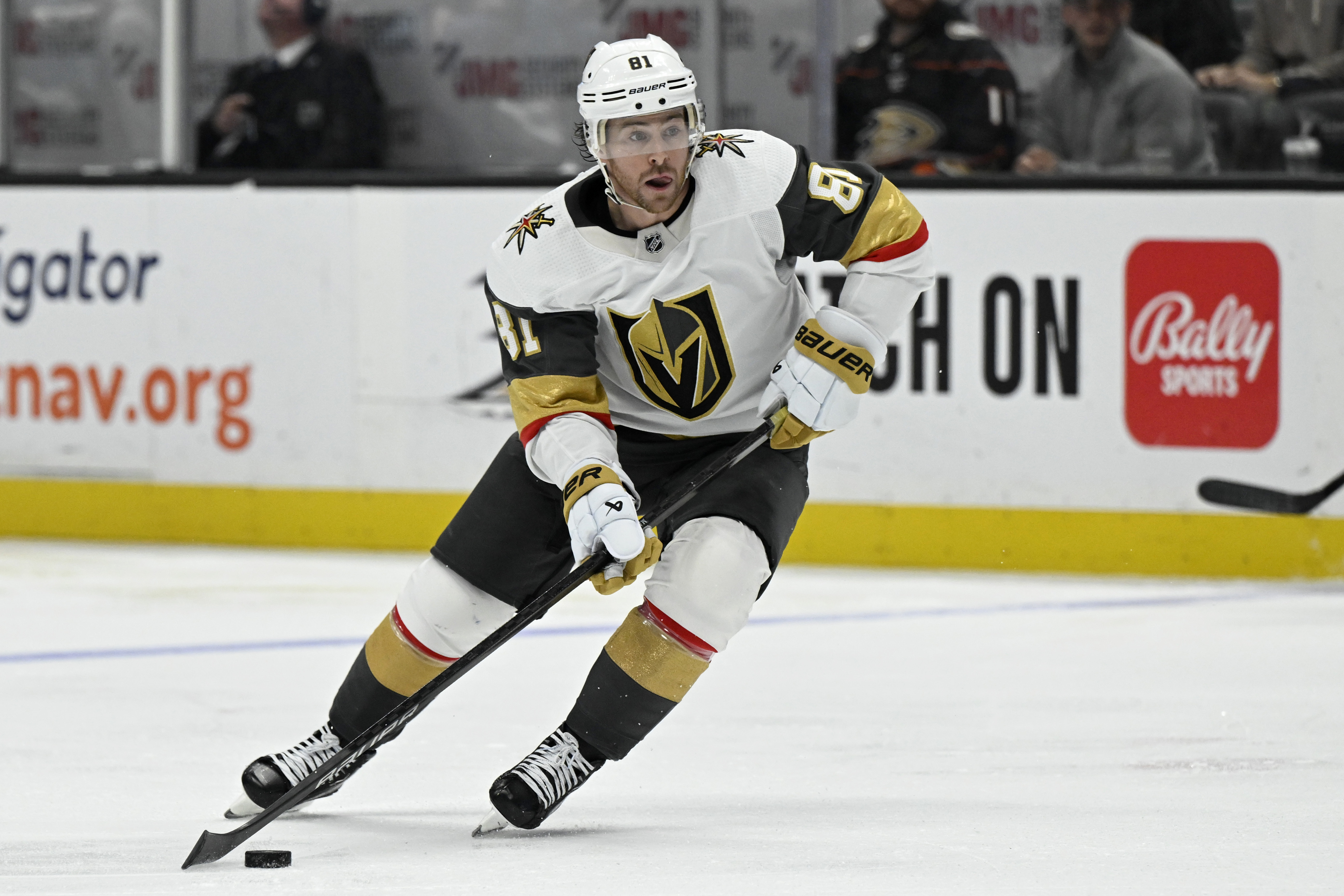 FILE - Vegas Golden Knights right wing Jonathan Marchessault (81) plays against the Anaheim Ducks during the third period of an NHL hockey game in Anaheim, Calif., Wednesday, Dec. 27, 2023. The Nashville Predators made a big splash as NHL free agency opened Monday, July 1, 2024, by signing Stanley Cup champions Steven Stamkos and Jonathan Marchessault in a jaw-dropping series of moves topping $100 million that made Smashville the center of attention across hockey.