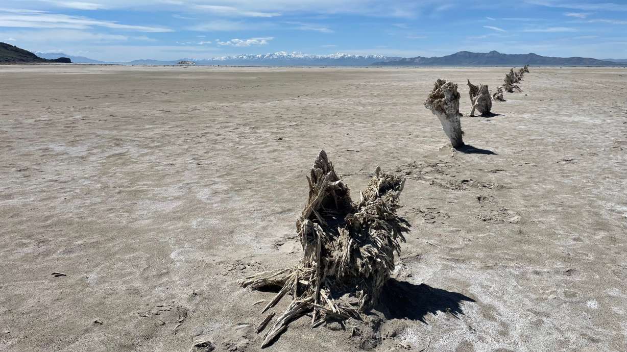 The bed of the Great Salt Lake near Antelope Island, on April 20. People of color potentially face increased exposure to fine dust blown from the drying bed of the Great Salt Lake, a new study says.