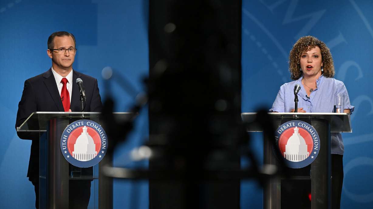 Colby Jenkins and Rep. Celeste Maloy debate in Salt Lake City on June 10. A judge on Monday rejected a request from Jenkins' campaign to compel the Washington County clerk to turn over a list of ballots with issues to be resolved.