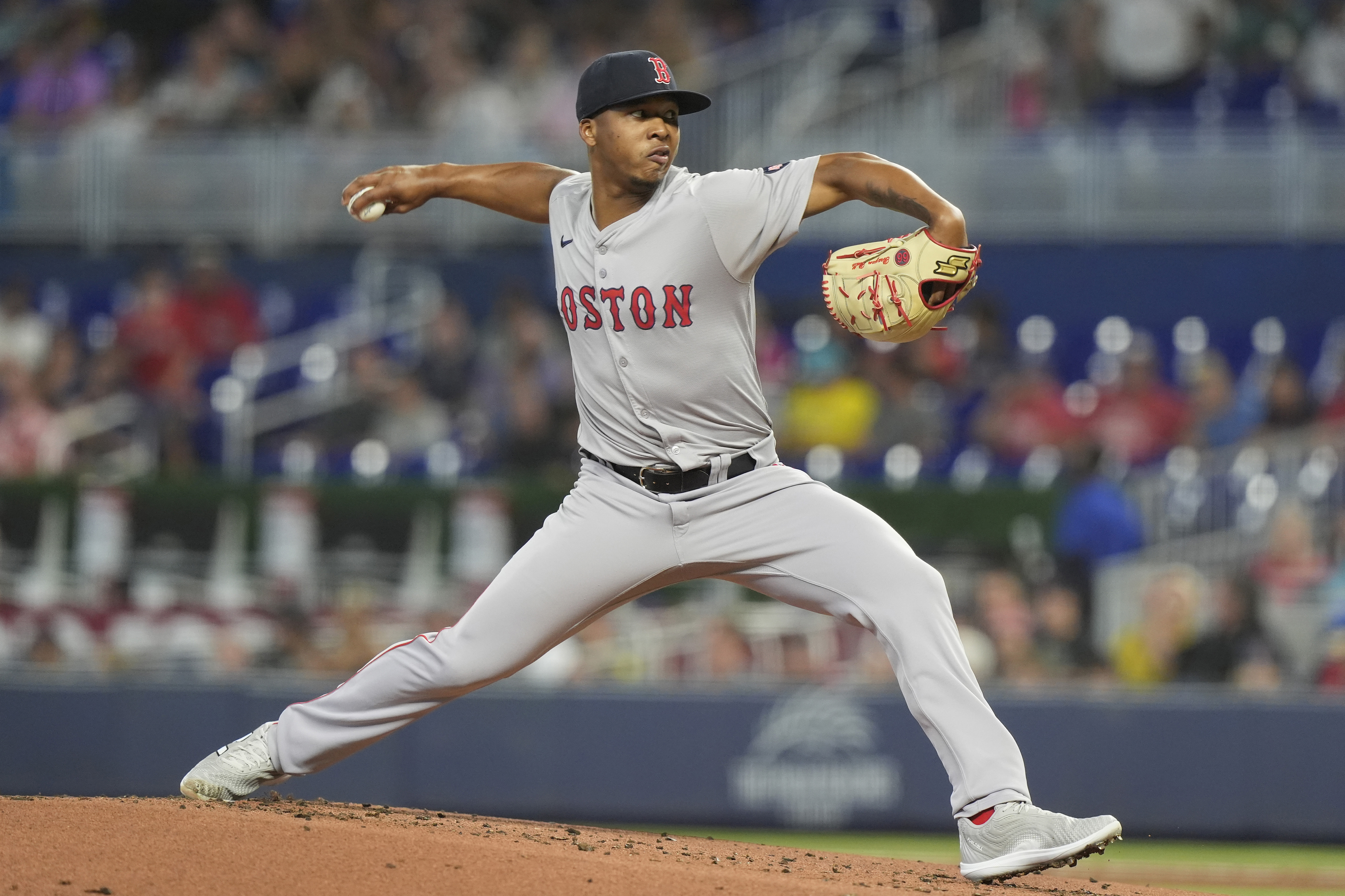 Boston Red Sox starting pitcher Brayan Bello delivers during the first inning of a baseball game against the Miami Marlins, Wednesday, July 3, 2024, in Miami. 