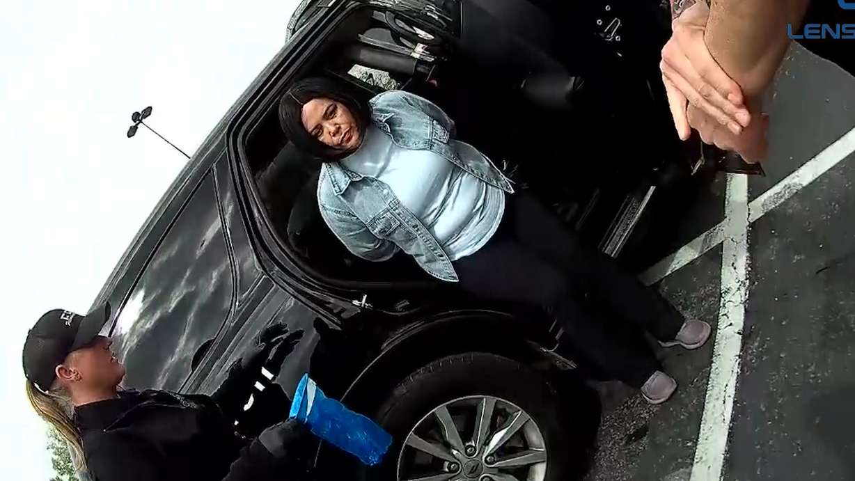 Daniela Gonzalez-Tobar is pictured in handcuffs after being caught by Farmington police.