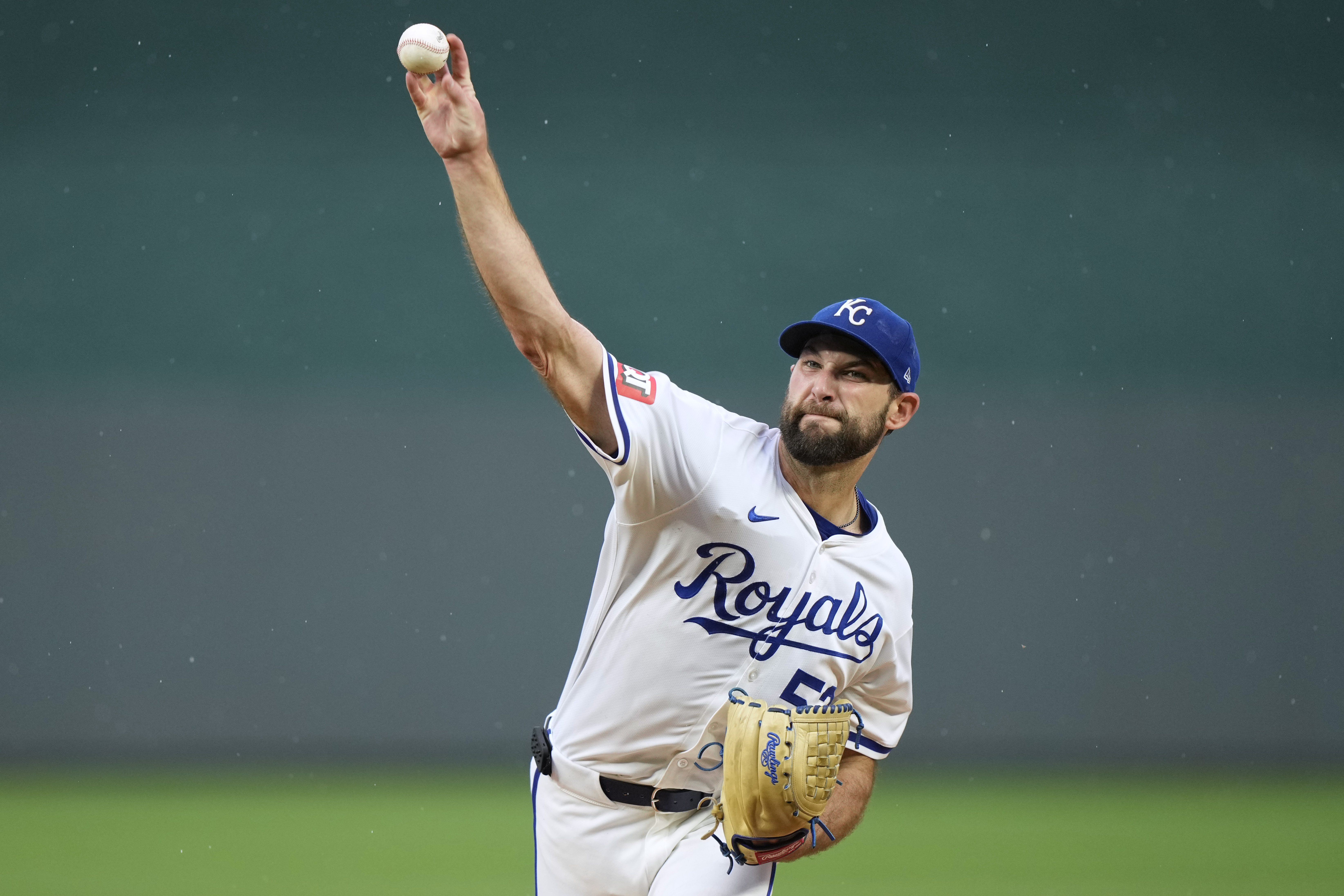 Kansas City Royals starting pitcher Michael Wacha throws during the first inning of a baseball game against the Tampa Bay Rays Wednesday, July 3, 2024, in Kansas City, Mo. 