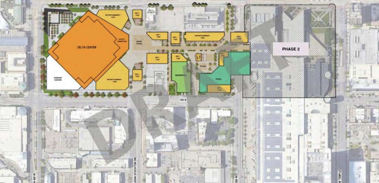 A rendering of a proposed "sports, entertainment, culture and convention center" surrounding a renovated Delta Center was unveiled on June 11. The convention would be split in half, with height rebuilt on both sides.
