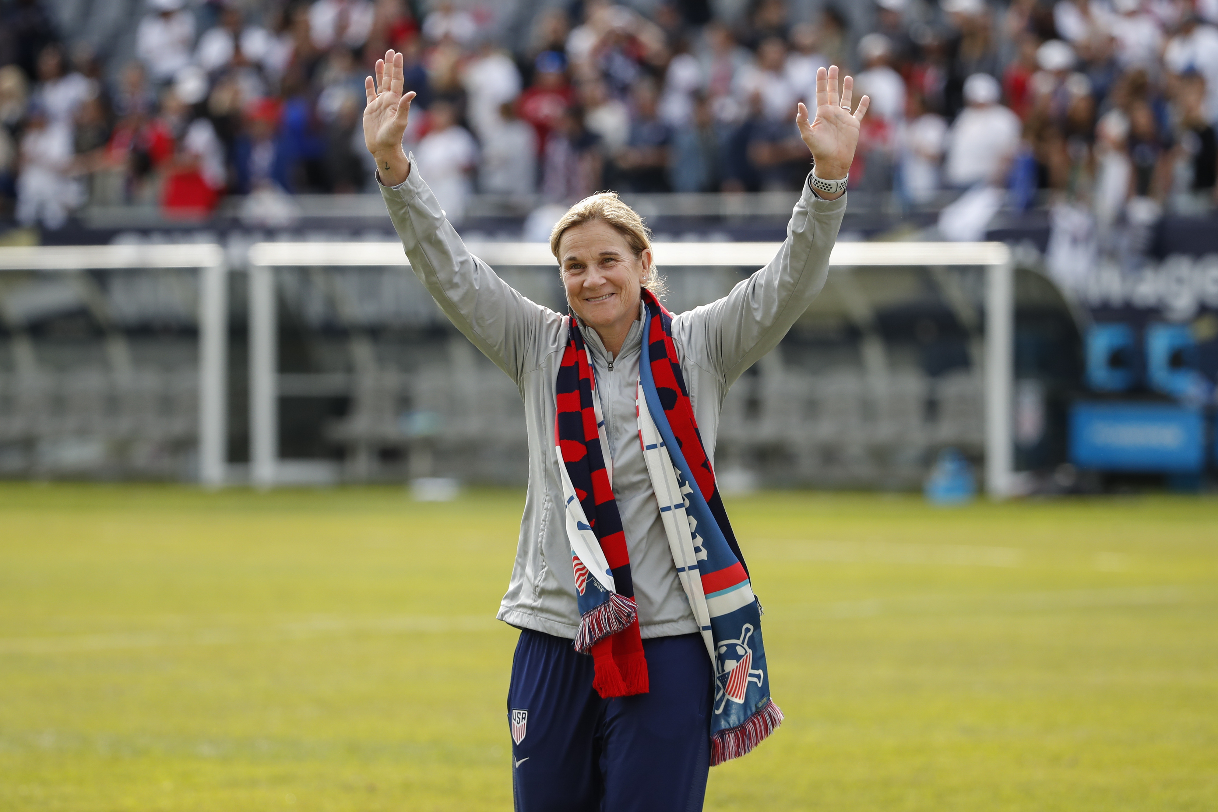 FILE - United States head coach Jill Ellis waves to the crowd as she leaves the field after an international friendly soccer match between the United States and South Korea, Sunday, Oct. 6, 2019, in Chicago. The San Diego Wave called accusations made by a former employee on social media “inaccurate and defamatory” in a statement on Wednesday, July 3, 2024. Brittany Alvarado, who says she is a former video and creative manger for the team, called on the National Women's Soccer League to remove to team President Jill Ellis, the former coach of the U.S. women's national team. 
