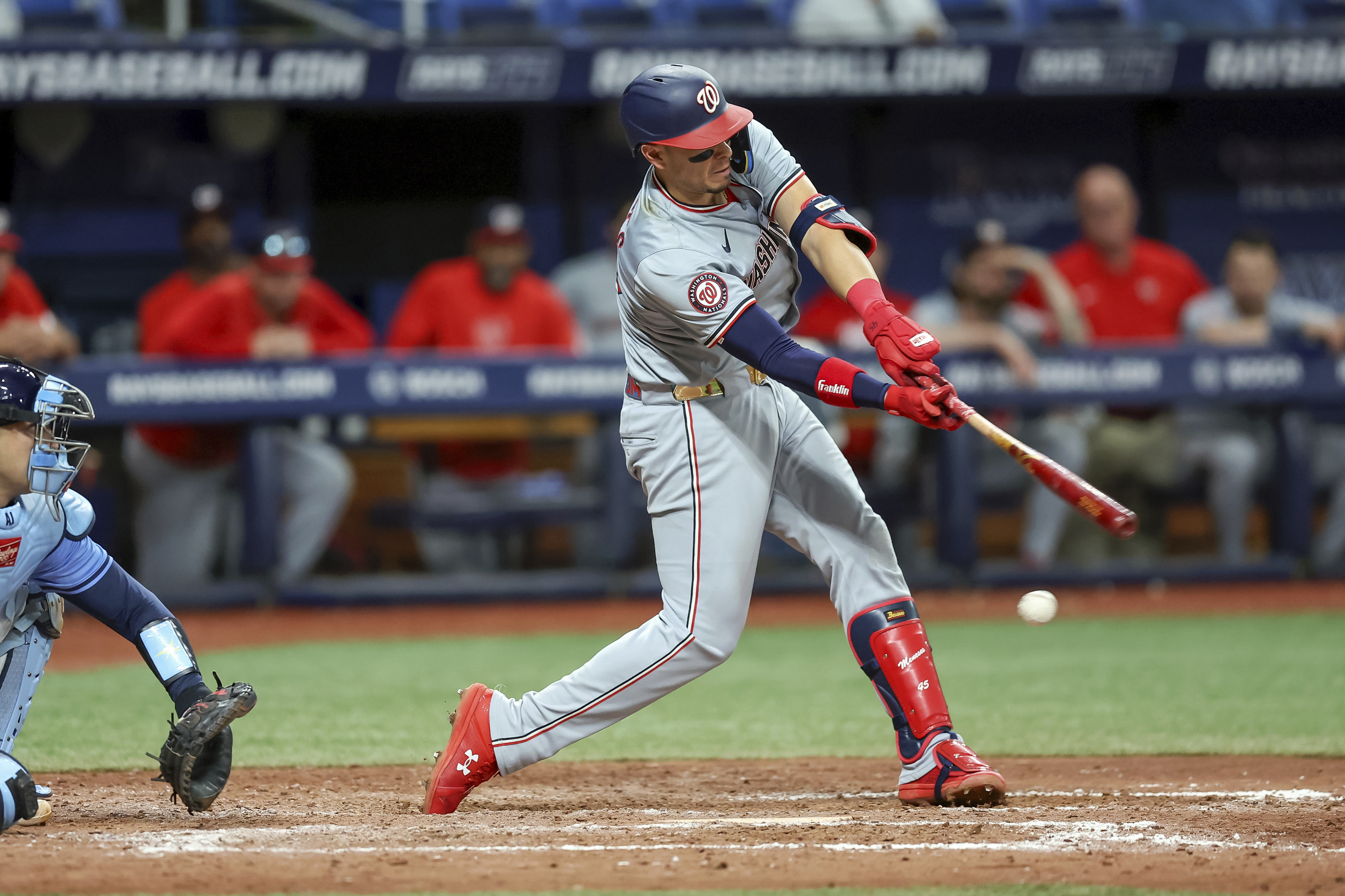 Washington Nationals' Joey Meneses strikes out against the Tampa Bay Rays during the ninth inning of a baseball game Sunday, June 30, 2024, in St. Petersburg, Fla.