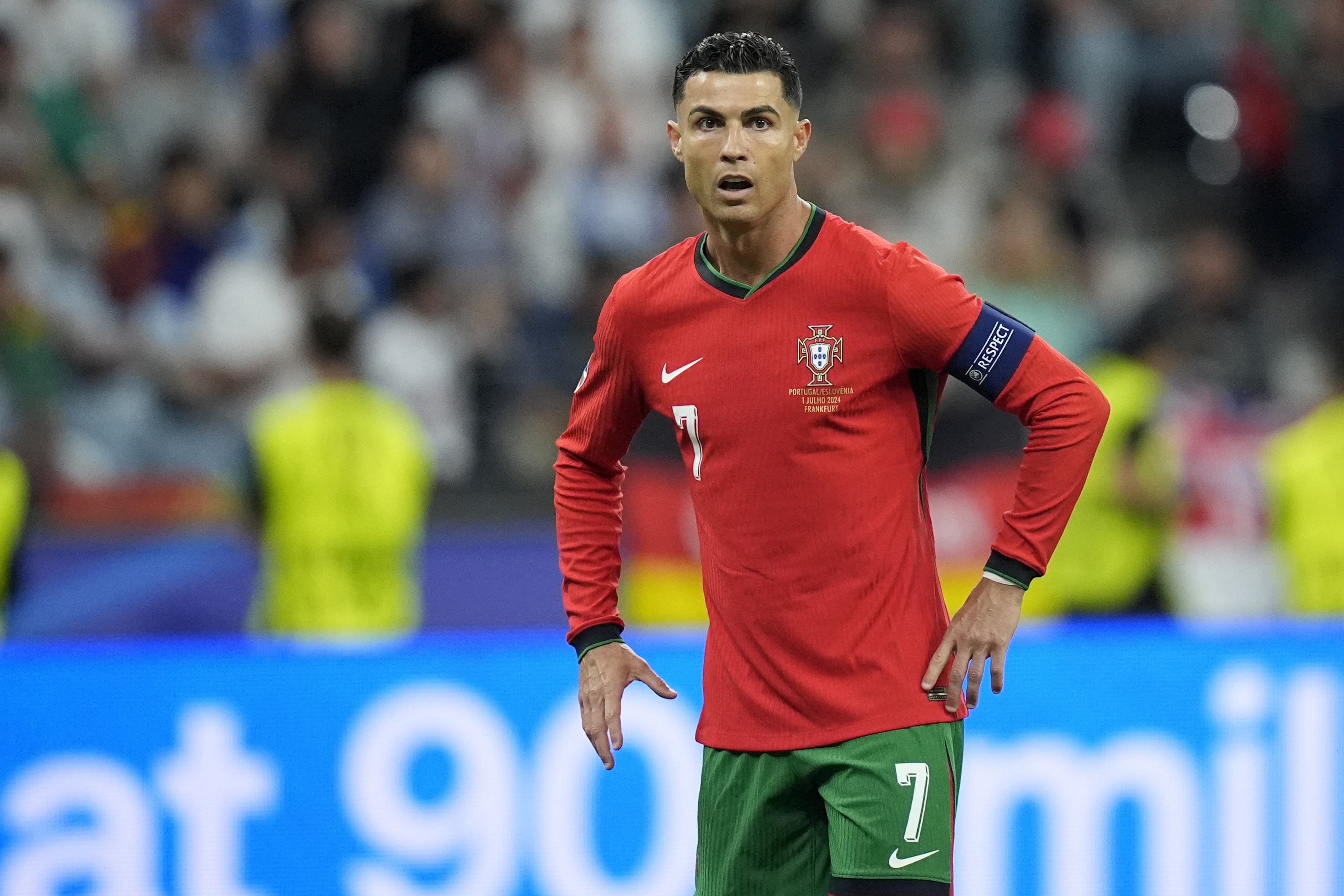 FILE - Portugal's Cristiano Ronaldo during a round of sixteen match between Portugal and Slovenia at the Euro 2024 soccer tournament in Frankfurt, Germany, Monday, July 1, 2024. Cristiano Ronaldo vs. Kylian Mbappé is not just a clash of soccer icons but a clash of generations. They’ll go head to head when Portugal plays France in the Euro 2024 quarterfinals on Friday and their heavyweight meeting just got a little bit bigger after Ronaldo said this would be his last European Championship. 