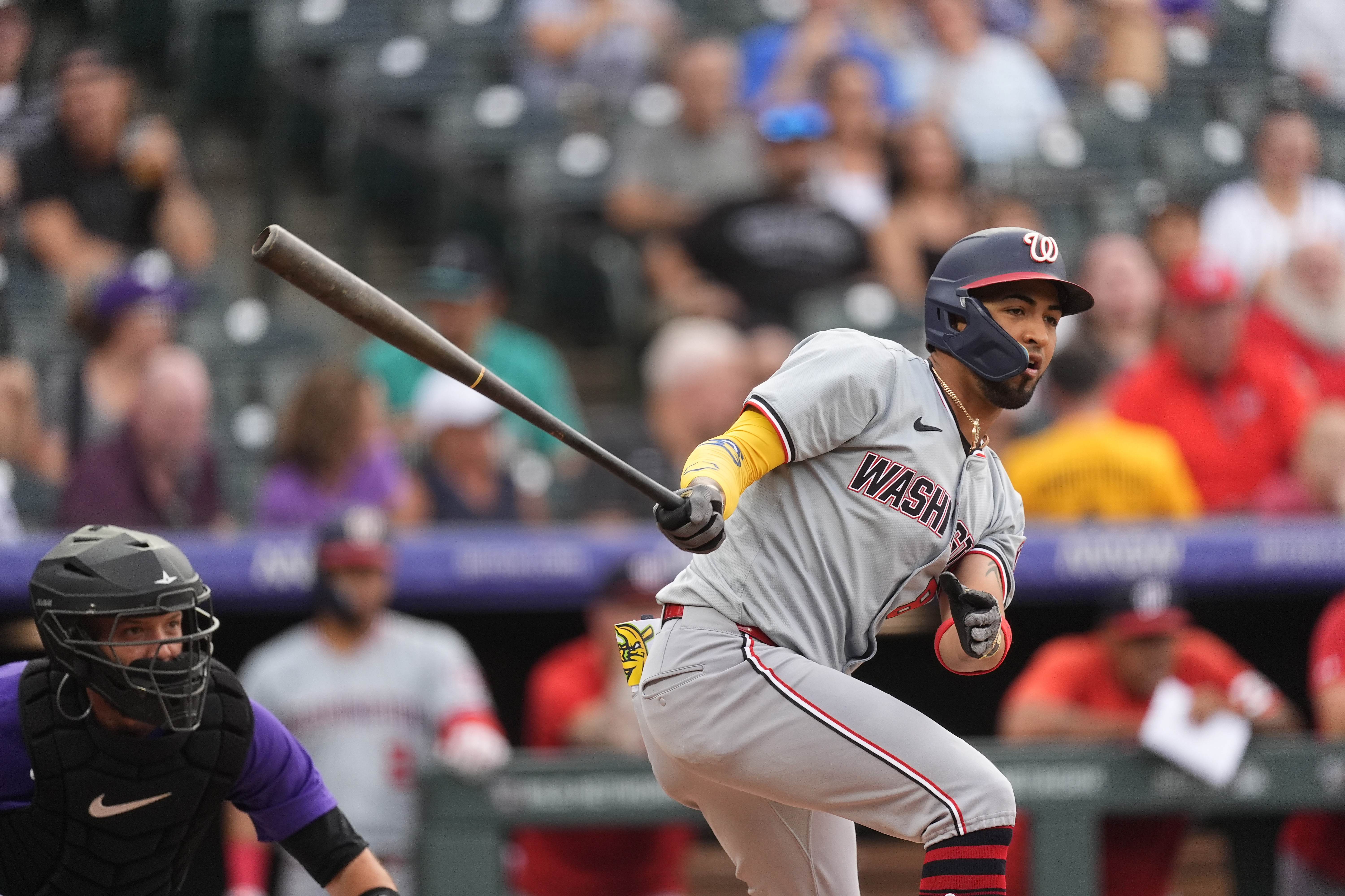 Washington Nationals' Eddie Rosario grounds out against Colorado Rockies starting pitcher Dakota Hudson to end the top of the first inning of a baseball game Friday, June 21, 2024, in Denver. 
