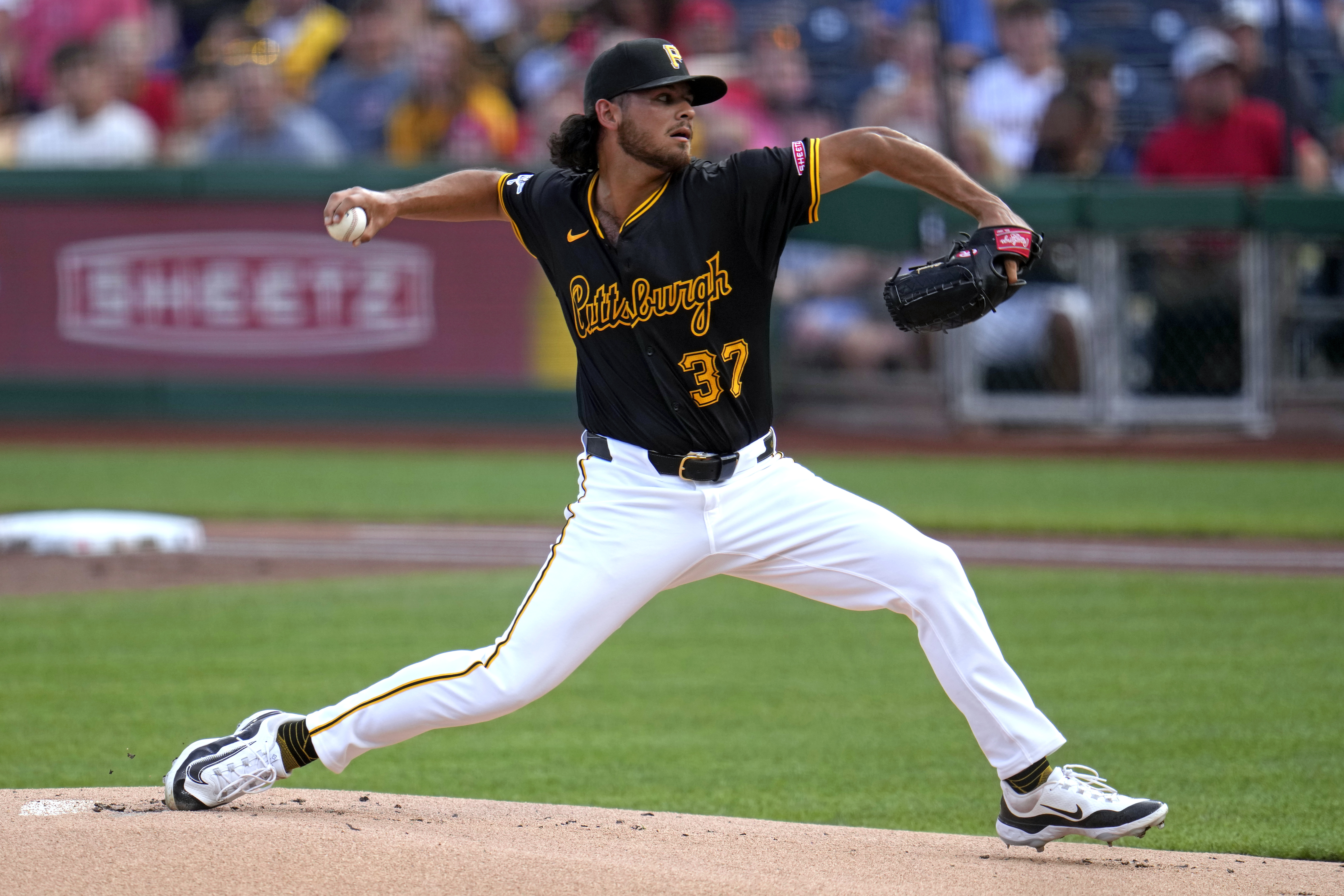 Pittsburgh Pirates starting pitcher Jared Jones delivers during the first inning of a baseball game against the St. Louis Cardinals in Pittsburgh, Wednesday, July 3, 2024. 