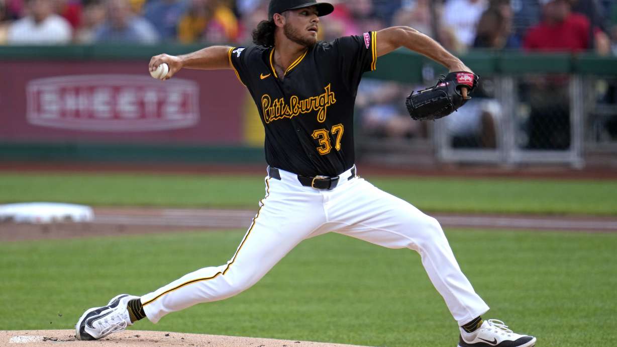 Pittsburgh Pirates starting pitcher Jared Jones delivers during the first inning of a baseball game against the St. Louis Cardinals in Pittsburgh, Wednesday, July 3, 2024.