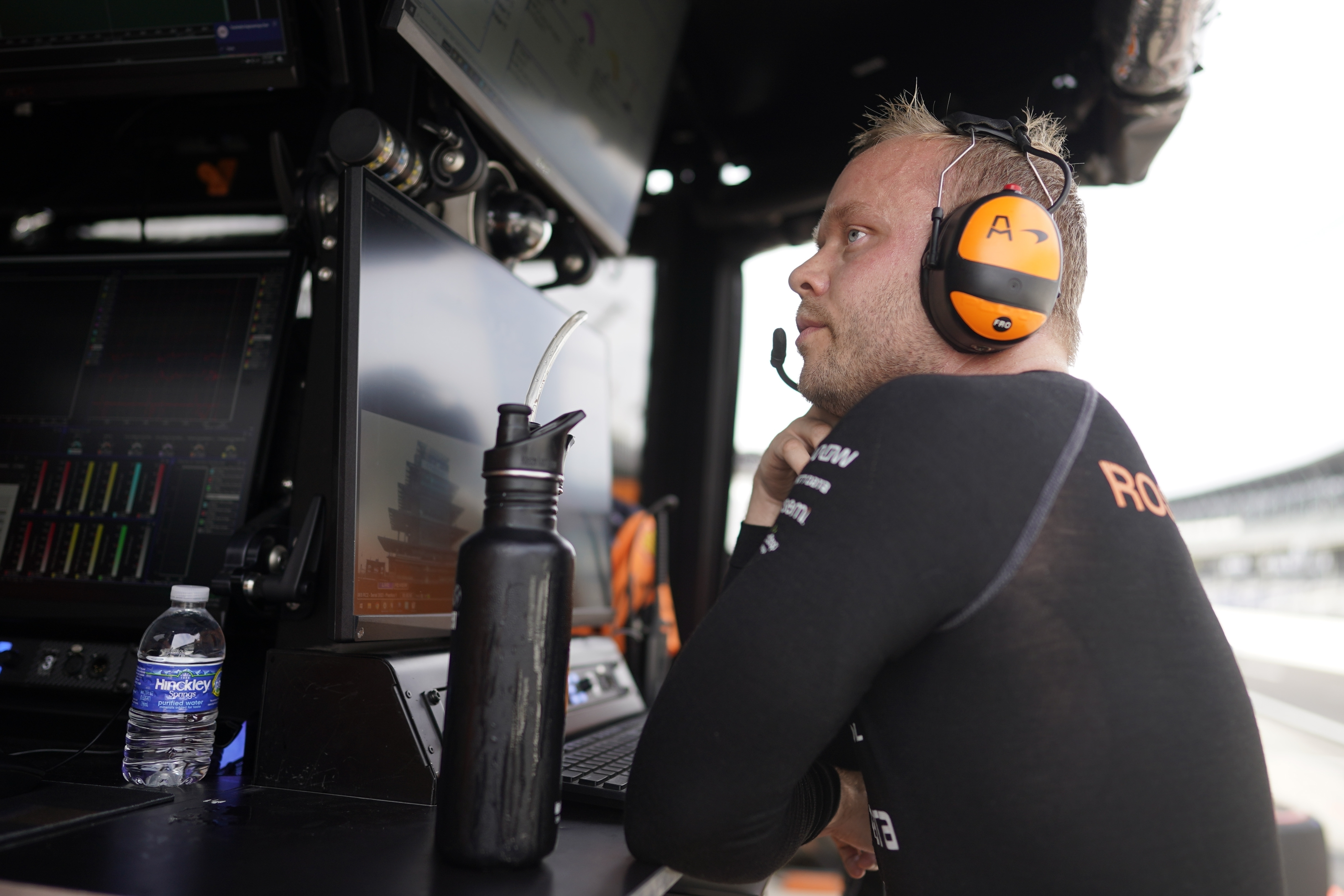 FILE - Felix Rosenqvist, of Sweden, sits in his pit box during a practice session for the IndyCar Indianapolis GP auto race at Indianapolis Motor Speedway, Friday, Aug. 11, 2023, in Indianapolis. IndyCar has issued six-position starting grid penalties to drivers Felix Rosenqvist, Marcus Amstrong and Pietro Fittipaldi ahead of Sunday’s, July 7, 2024, Indy 200 at Mid-Ohio Sports Car Course for their teams’ unapproved engine changes during last month’s test at Iowa Speedway.